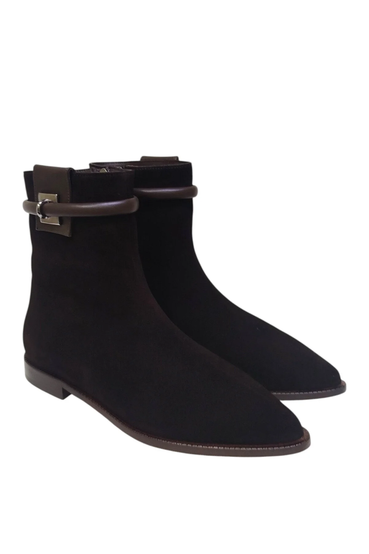 چکمه و بوت کفش زنانه جیر قهوه ای چرم اصل با کف زیپ دار نوک تیز بند مچ پا DRY DRY SHOES