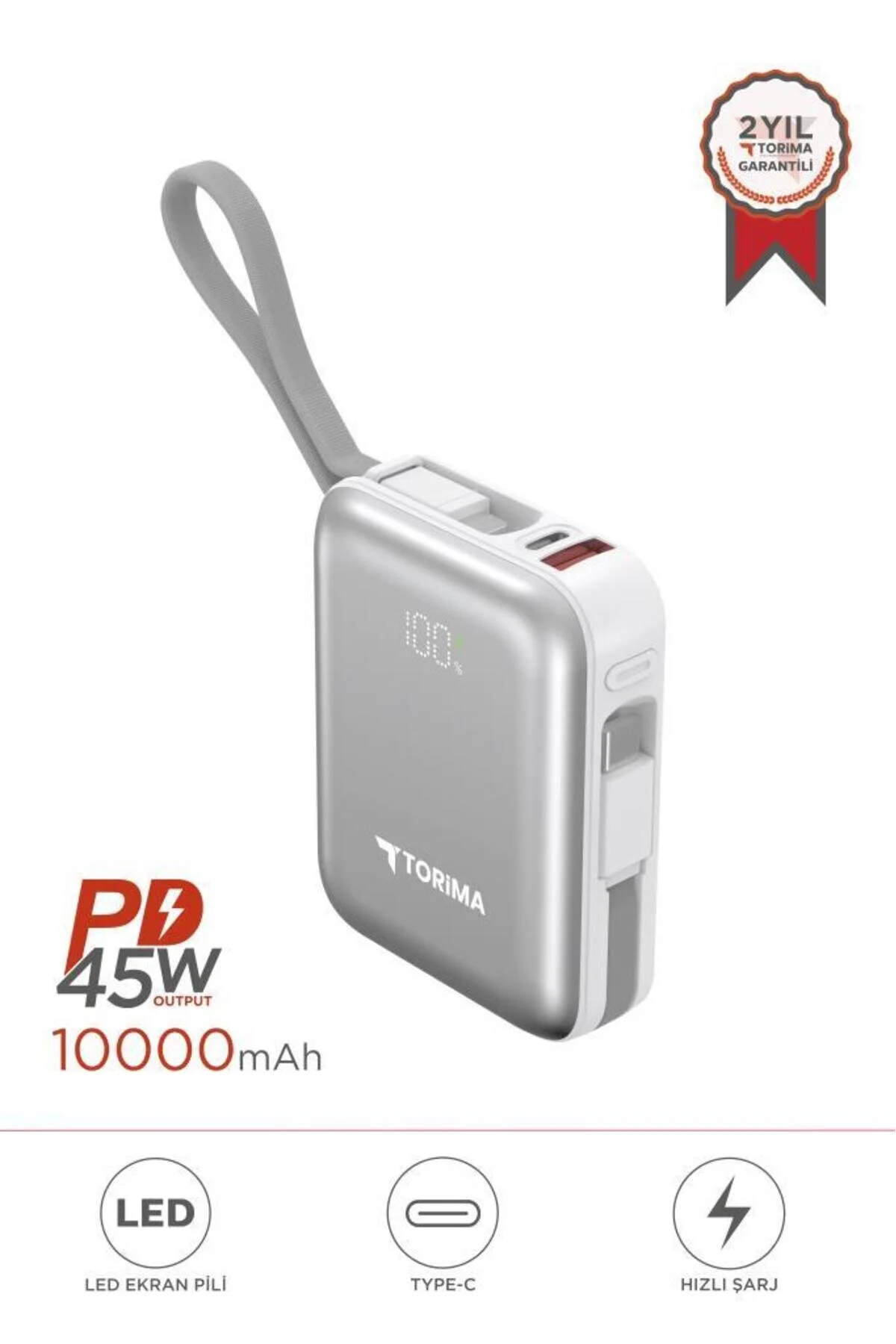 پاوربانک شارژ سریع 45 واتی لایتنینگ TYPE C 10000 میلی آمپری TRM 1018 سفید با نشانگر دیجیتال اورجینال Torima
