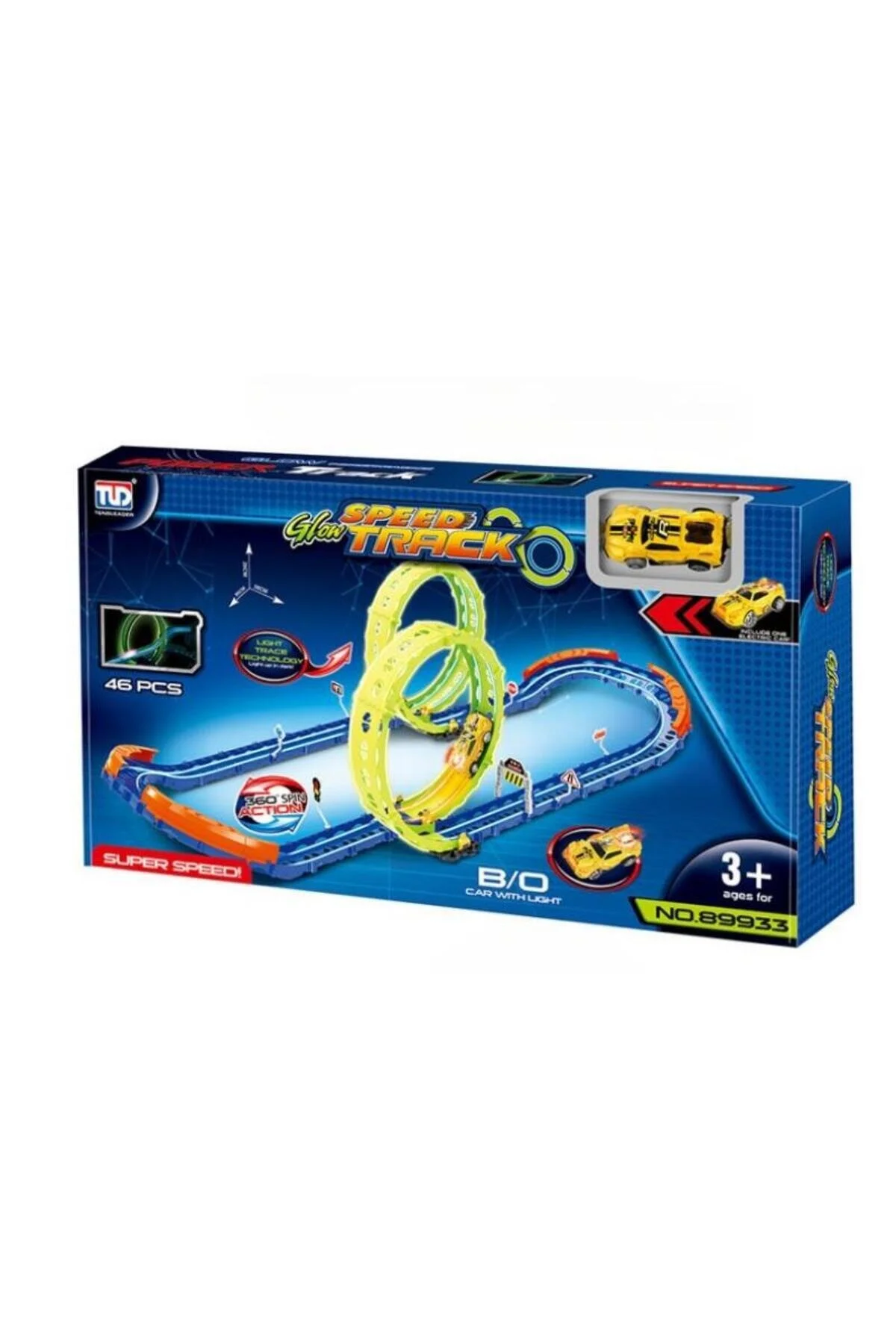 ماشین اسباب بازی مجموعه مسیر مسابقه پیست GLOW SPEED – 46 قطعه – چراغ دوگانه سرعت HAK İŞ OYUNCAK