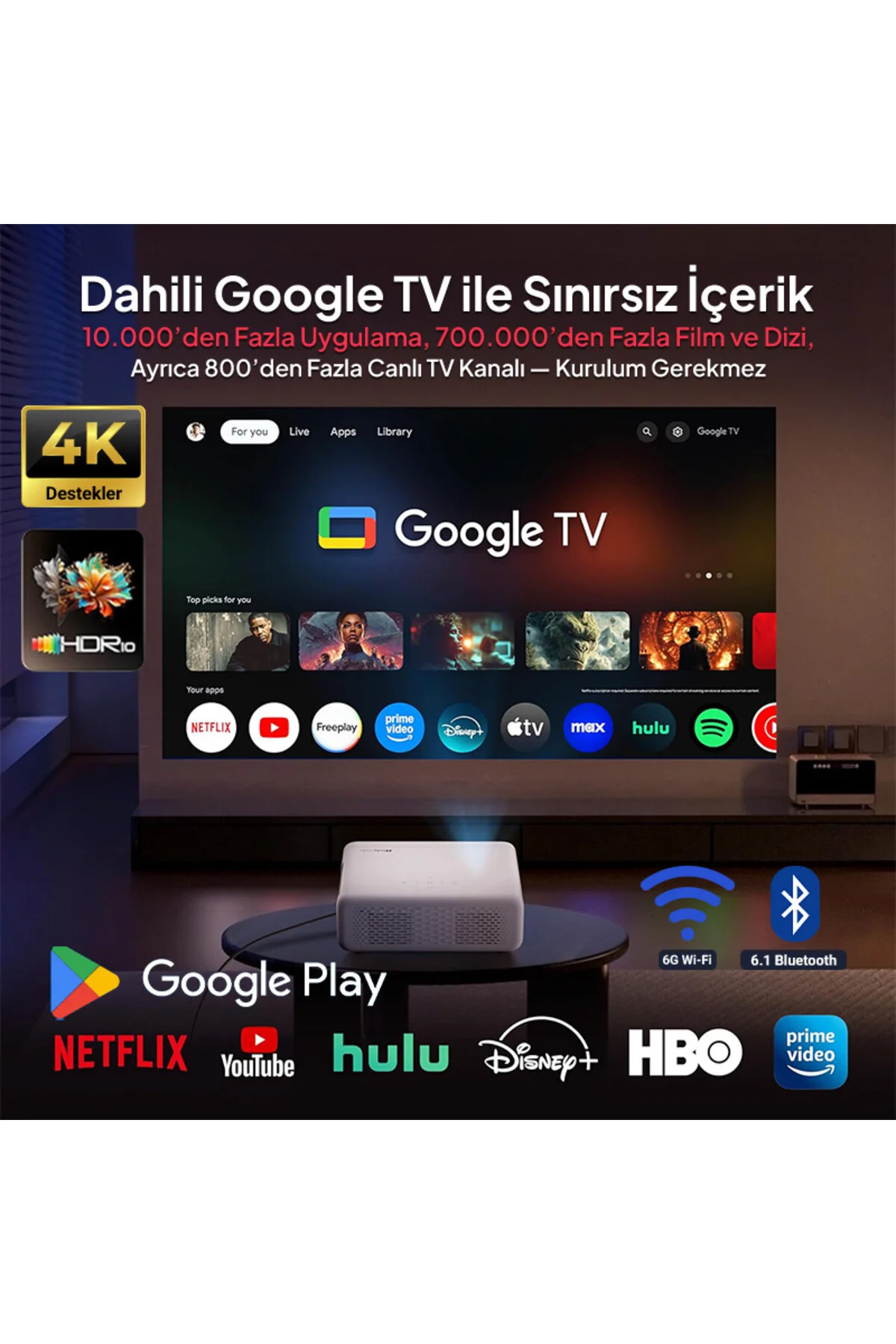 پروژکتور AURZEN D1G ANDROID GOOGLE TV 4K +HDR10+AUTO FOCUS+AUTO KEYSTONE+6 Vankyo