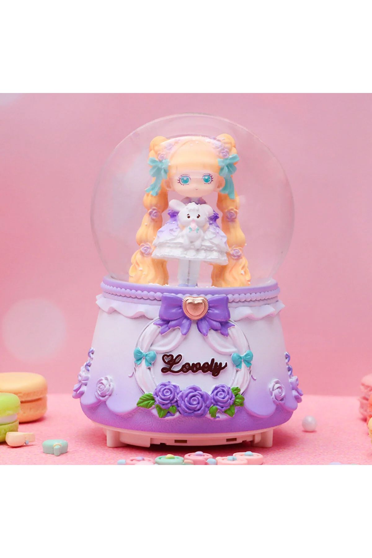 گوی برفی SNOW GLOBE GIRL WITH BUNNY با نور موسیقی اسپری بنفش 16X12 از ترکیه Livava