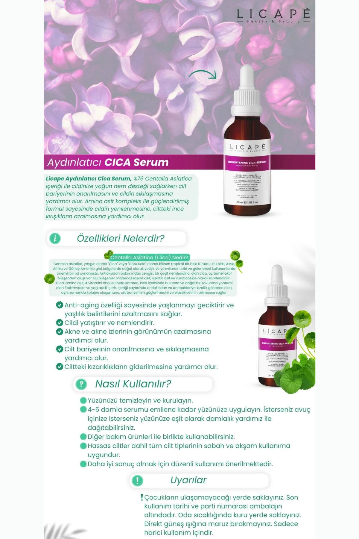 سرم پوست 76 ٪ نورپردازی CICA 30ML Licape