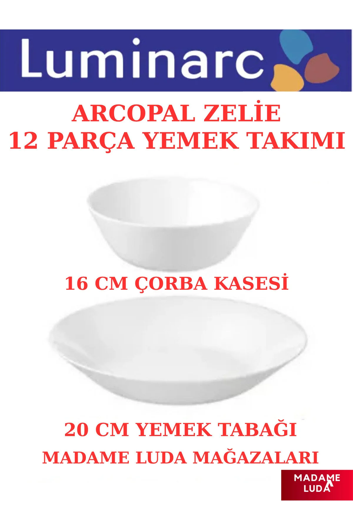 سرویس غذاخوری آرکوپال زلی سفید بشقاب شام و کاسه سوپ ست 12 تکه برای 6 نفر. مادام لودا. Luminarc