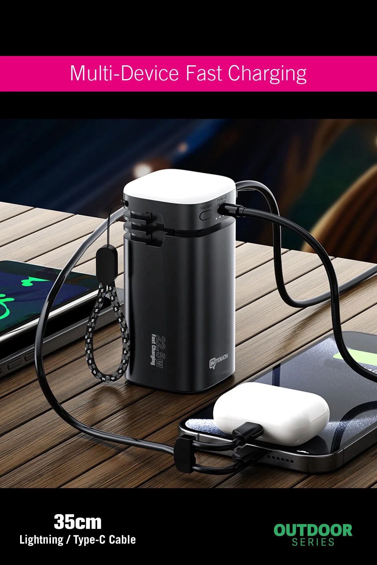 پاوربانک 20000 ماهه 22.5W PD لامپ کمپینگ سریع کابلی سری OUTDOOR اورجینال İntouch