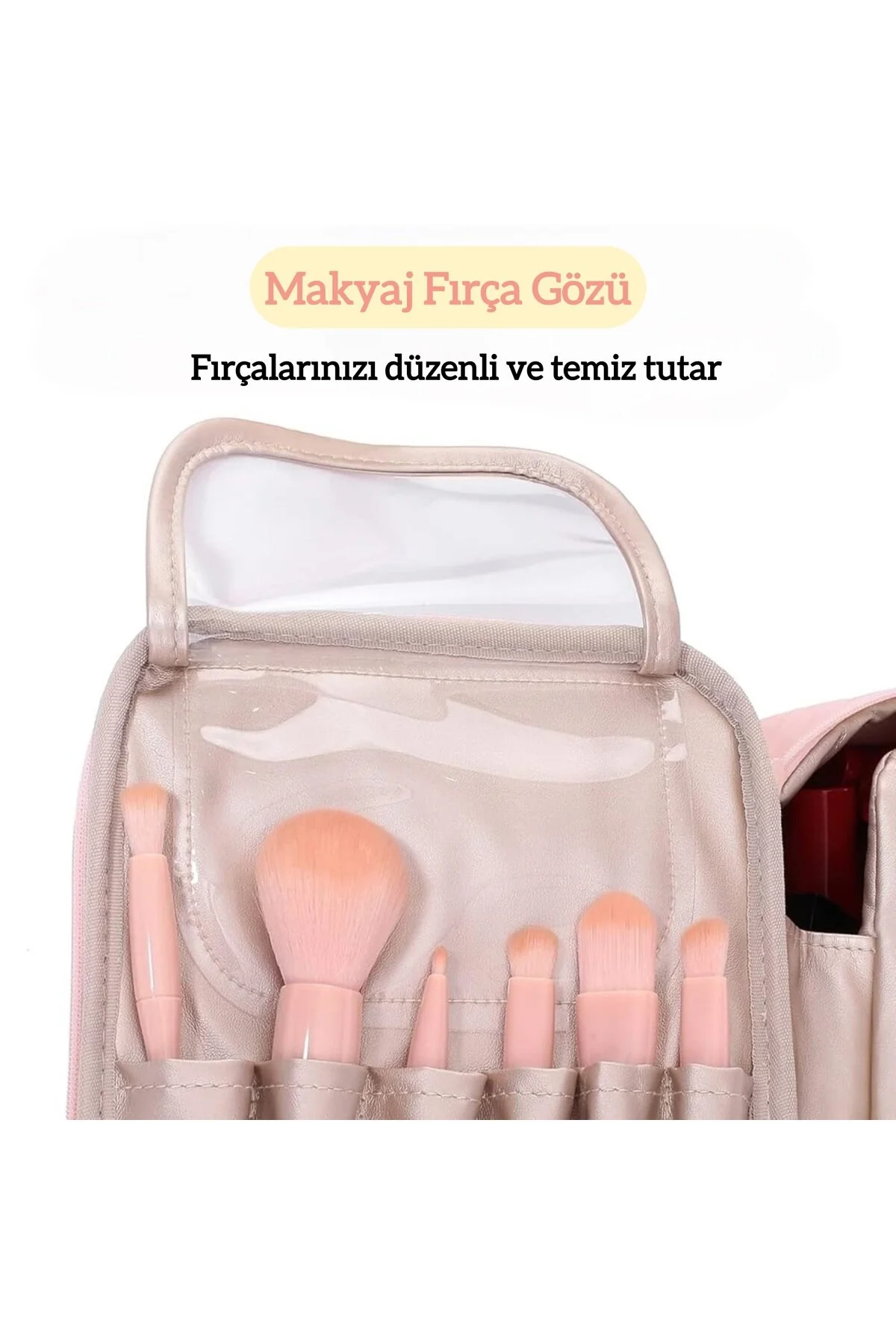 کیف لوازم آرایش مسافرتی دو در یک با جیب فرچه و دسته نگهدارنده رنگ صورتی Lazım Shop