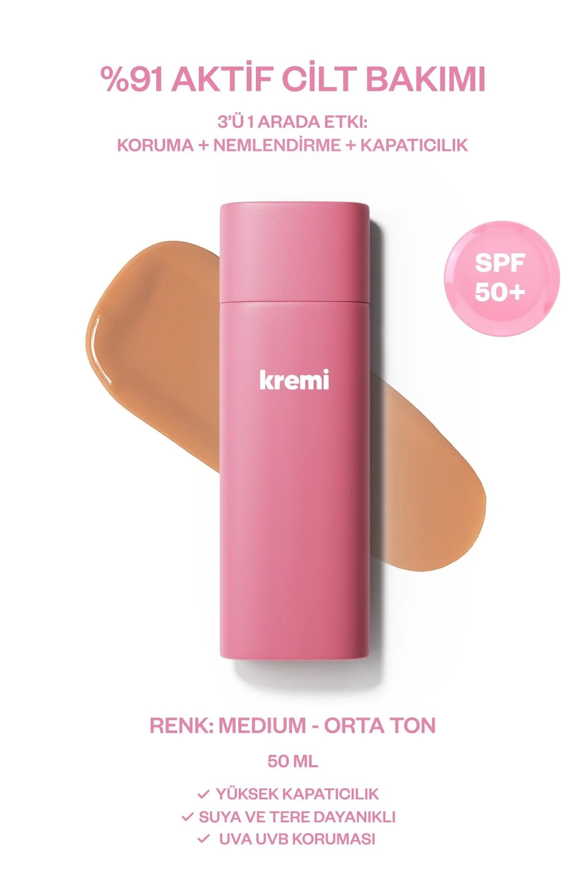 کرم بی بی با SPF50 و خاصیت مرطوب کنندگی و روشن کنندگی رنگ متوسط (گندمی) 50ml Kremi