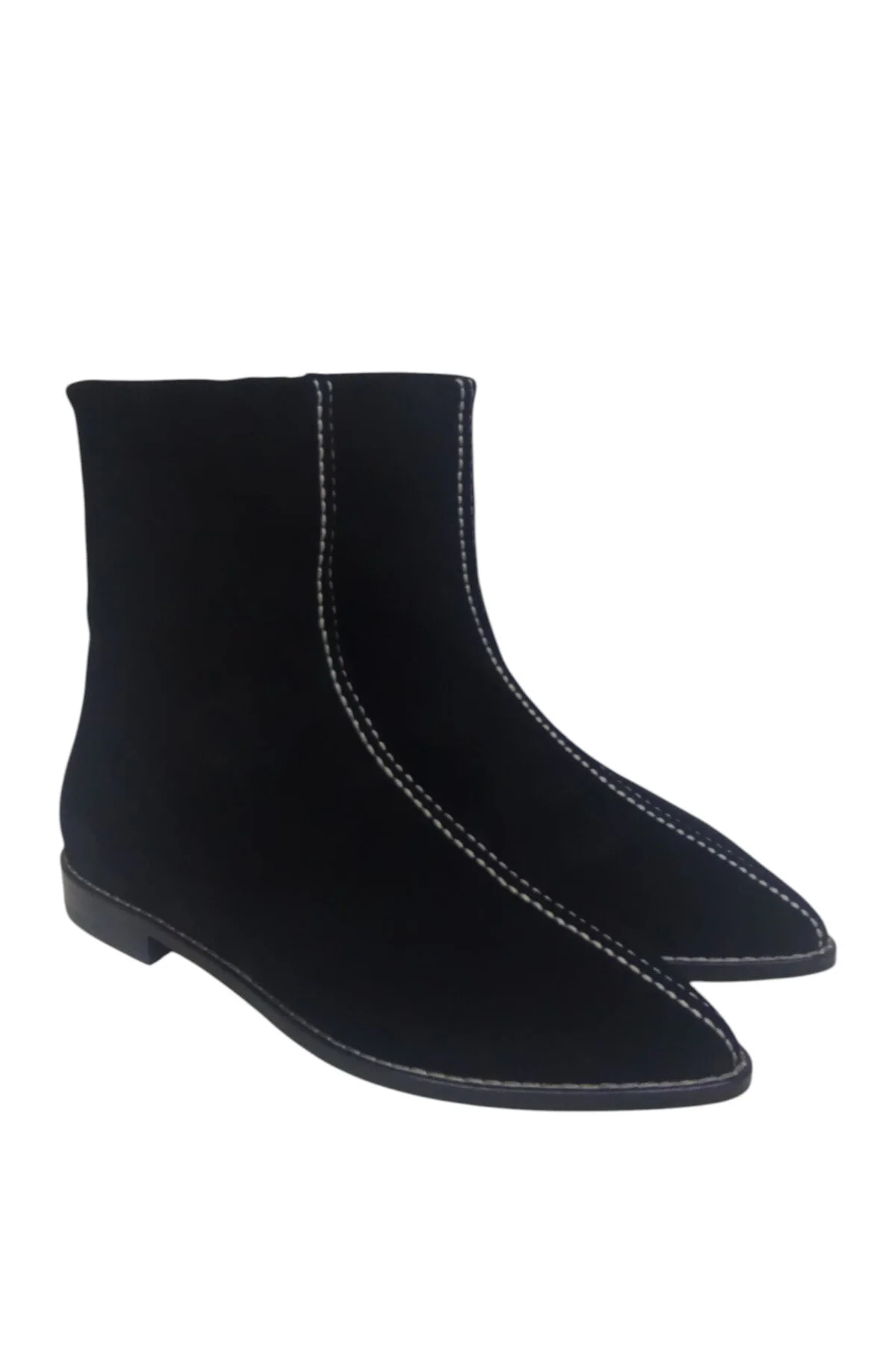 چکمه و بوت کفش زنانه جیر مشکی چرم اصل با زیپ جلو نوک تیز زیره صاف دوخت DRY AD DRY SHOES