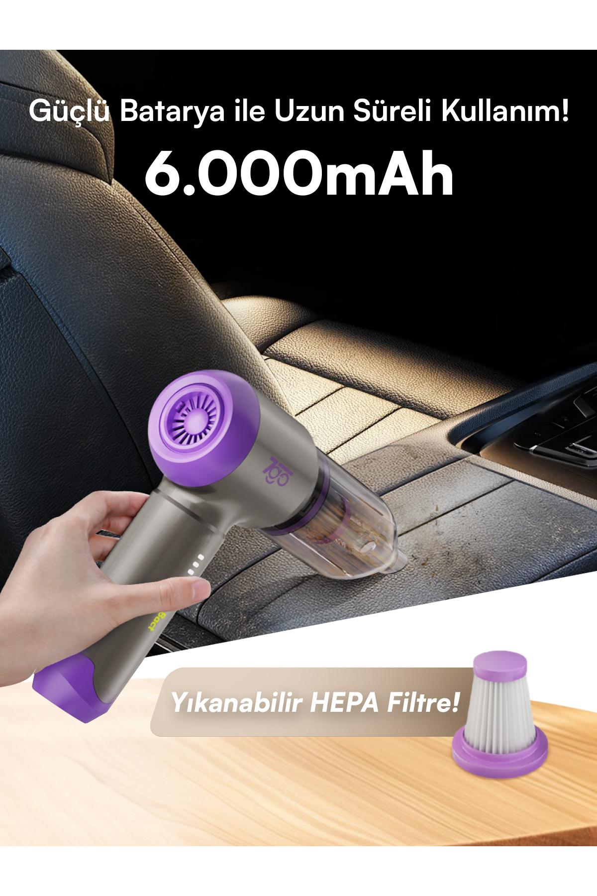 جاروبرقی داخل خودرو جارو برقی بی سیم 7GAB 02 | 18.000PA مکش قوی موتور براشلس باتری 6000 میلی آمپر ساعتی گرد و غبار 7GO - 7GO - جاروبرقی داخل خودرو