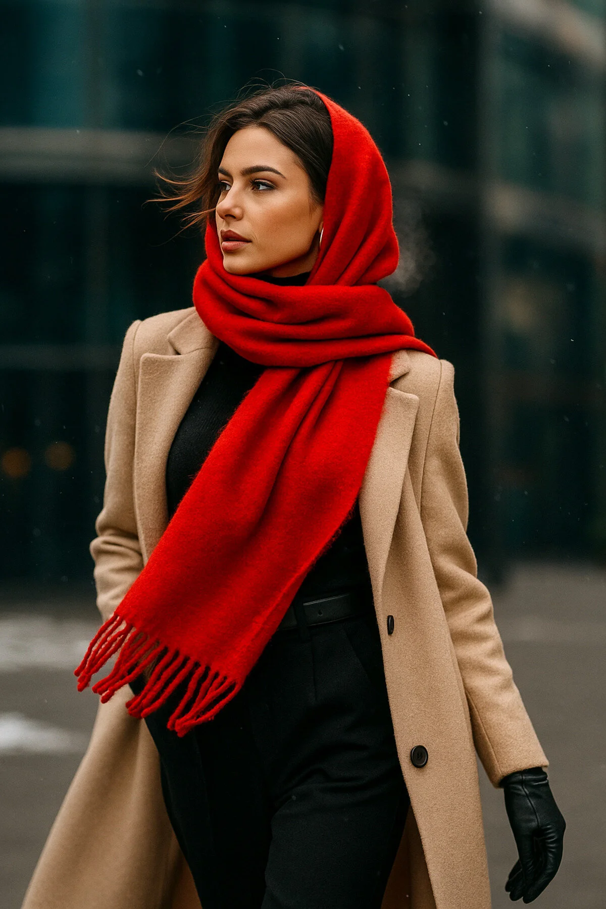 شال روسری منگوله قرمز – و ساختار پهن ایده آل برای آب هوای سرد SAL1296 Luminos Butik