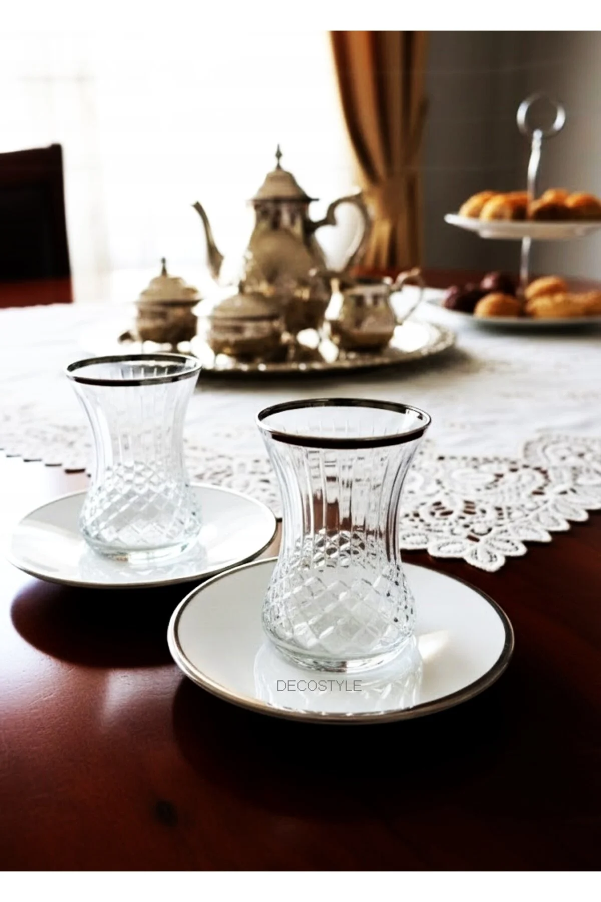 لیوان نقره‌ای دکوراسیون برش لیسبون نقره به تفصیل ریز و درشت خاص چینی 12 قطعه چای 125 سی DECOSTYLE