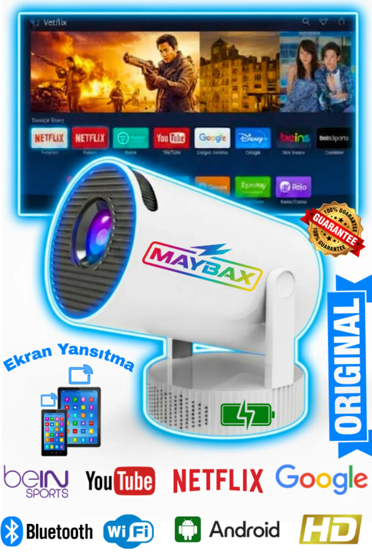 پروژکتور PRO MAX قابل حمل با باتری داخلی وای فای صفحه نمایش بلوتوث انعکاسی سینمای اندروید ULTRA HD Maybax