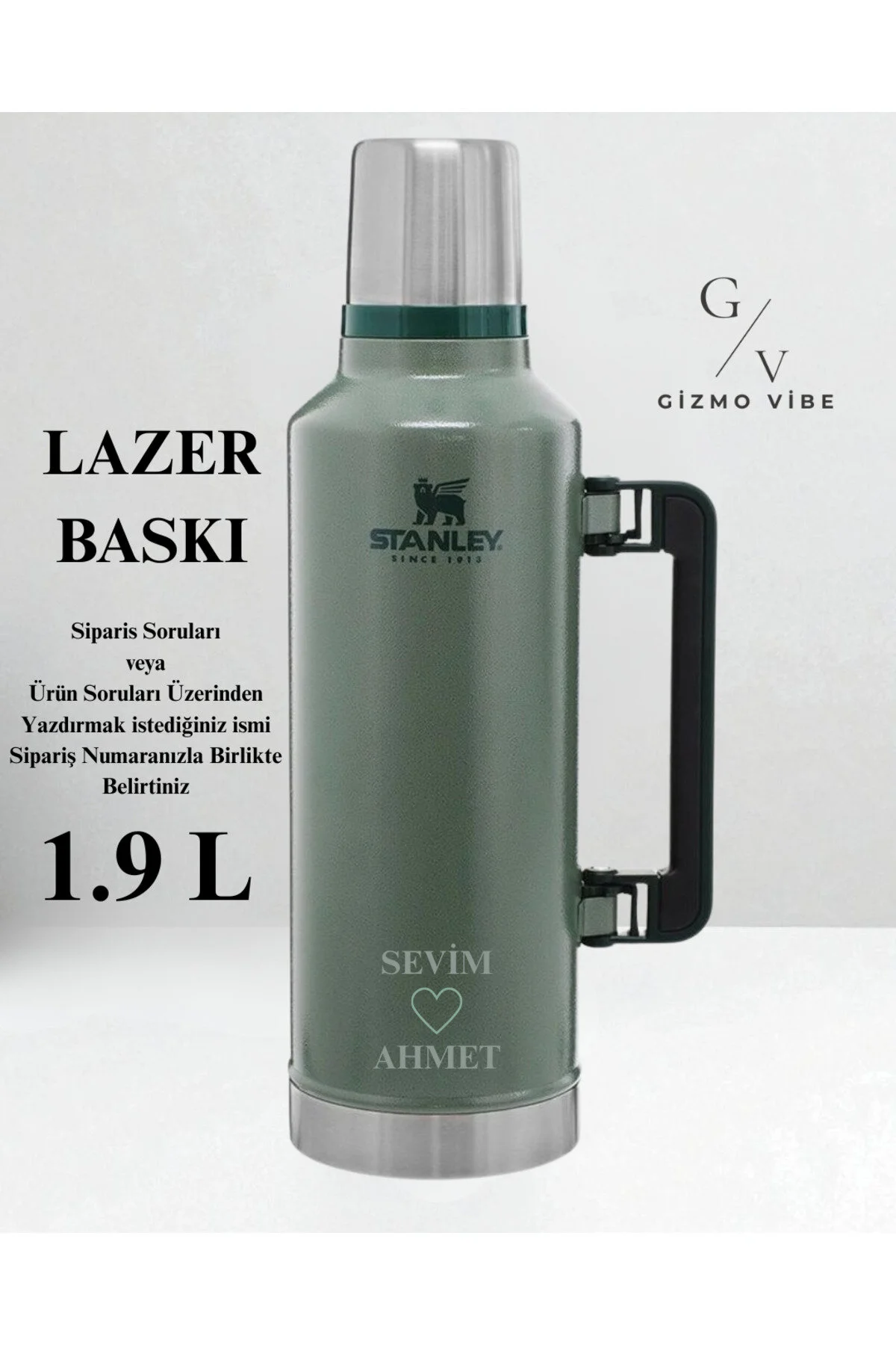 فلاسک قمقمه فولادی خلاء کلاسیک 1.9 لیتری سبز با نام سفارشی قابل تنظیم استنلی Stanley