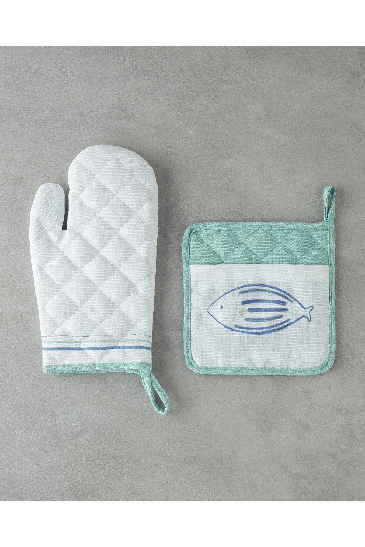 پیش‌بند و دستکش فر AQUALUNA POLYESTER 2 قطعه آشپزخانه مجموعه 17X30 سانتی متر + 20X20 آبی سبز English Home