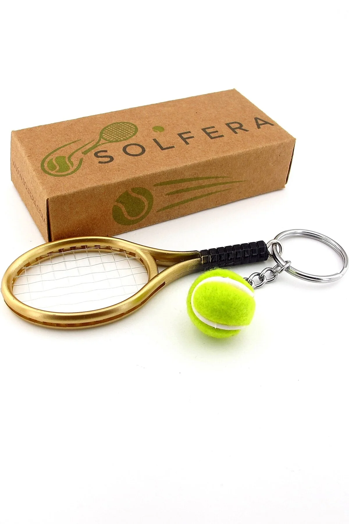 جلیقه کلید راکت تنیس زرد رنگ طلایی و جاکلیدی پی وی سی توپ KC348 Solfera