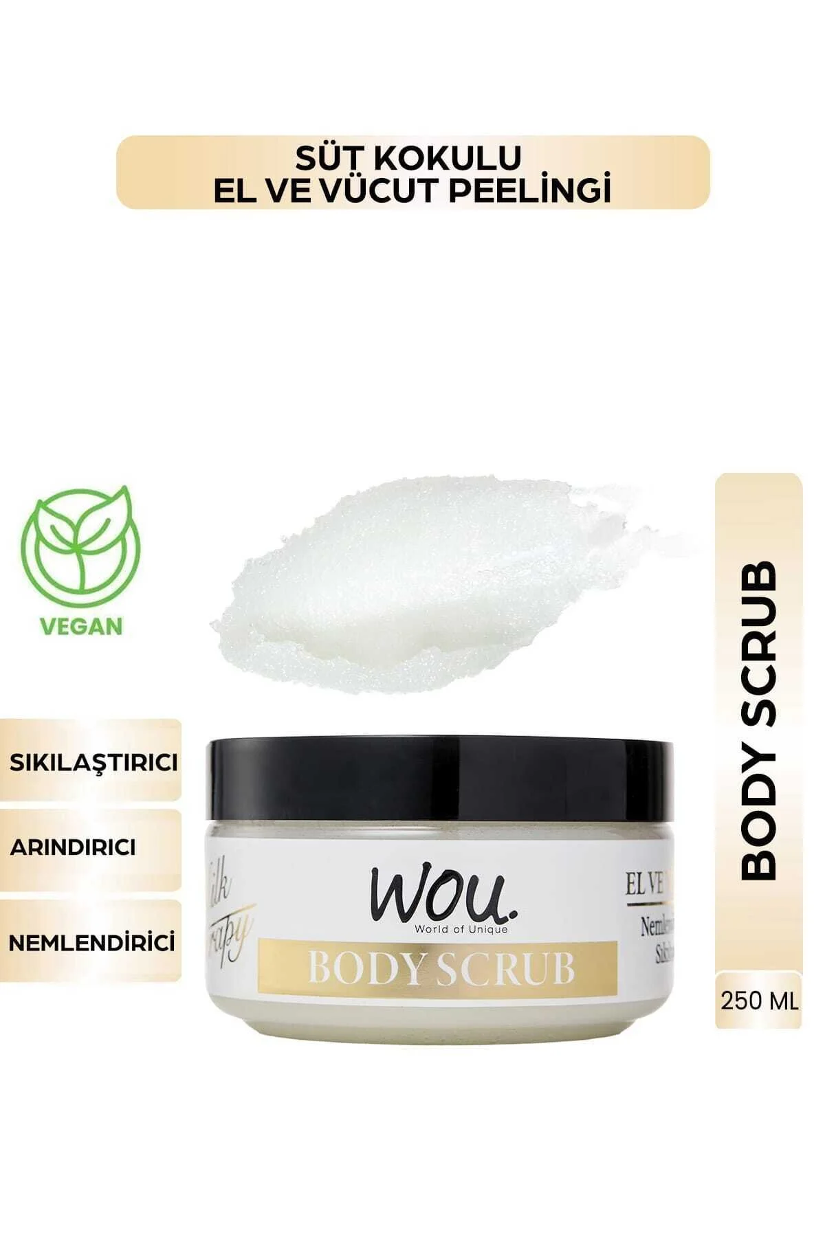اسکراب بدن و اوی درمانی شیر با خاصیت سفت کنندگی و آبرسانی 250 میلی لیتر WOU World of Unique