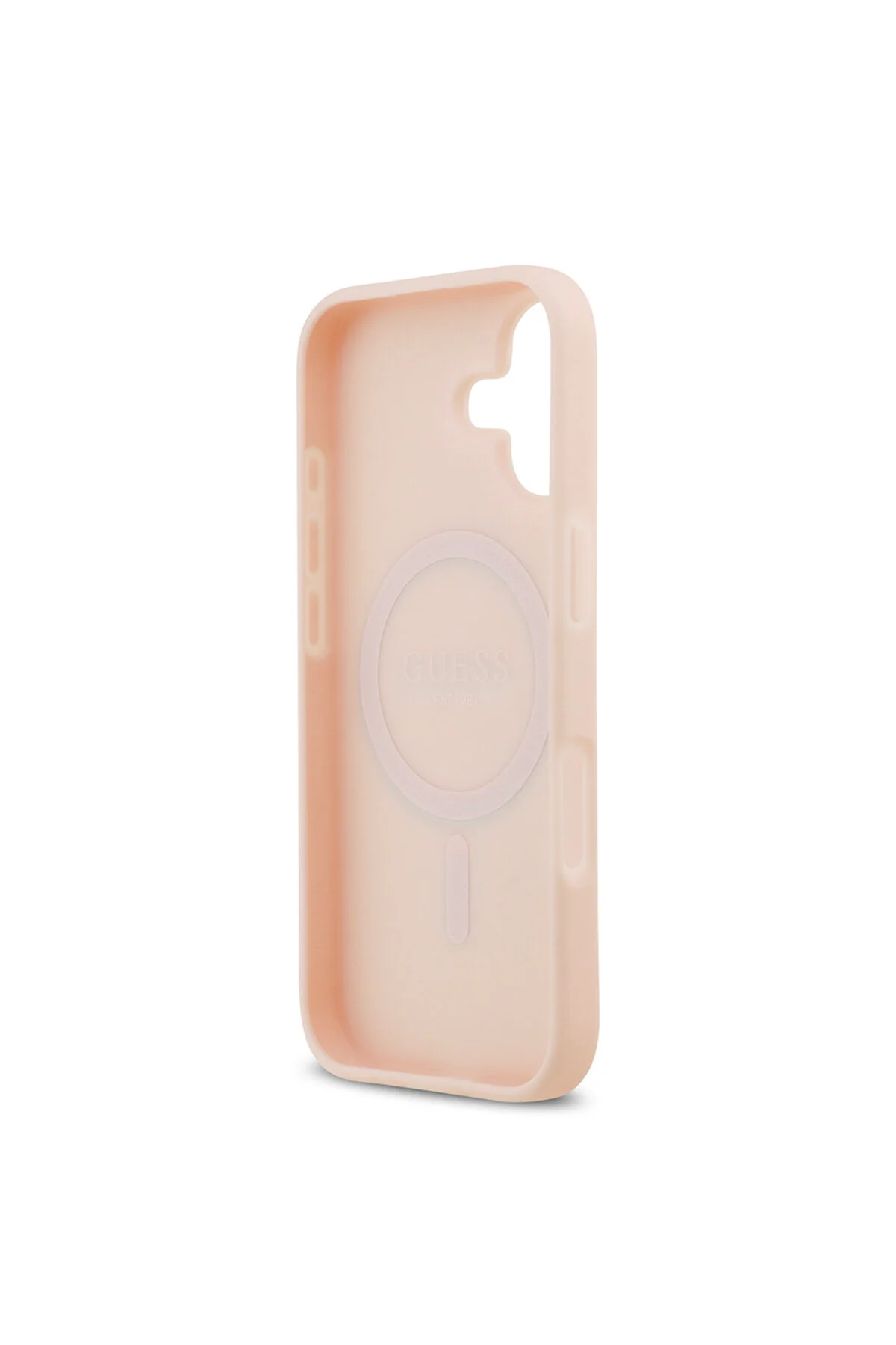 کاور و قاب سازگار با IPHONE 17 دارای مجوز M SAFE طرح فلزی گل دانه دار جلد لوگوی متنی رنگ صورتی اورجینال Guess