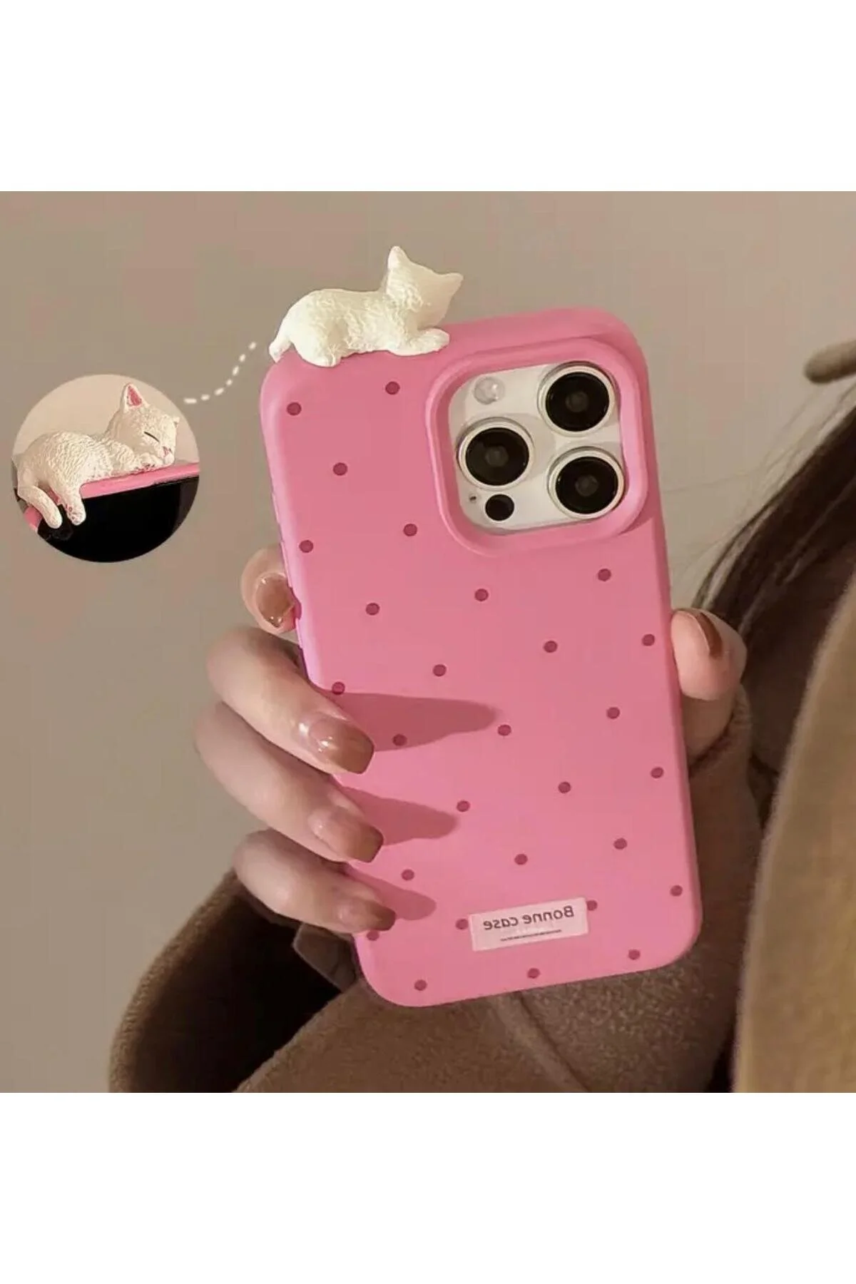 کاور و قاب گوشی آیفون 12PROMAXPINKCUTE3DLYING CATPOLKA POLKA DOTDESIGN Burroe Atalier