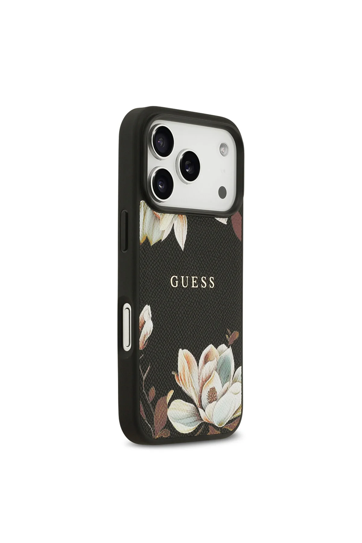 کاور و قاب سازگار با IPHONE 17 PRO دارای مجوز M SAFE گلدانه دار طرح فلزی لوگوی متنی مشکی اورجینال Guess