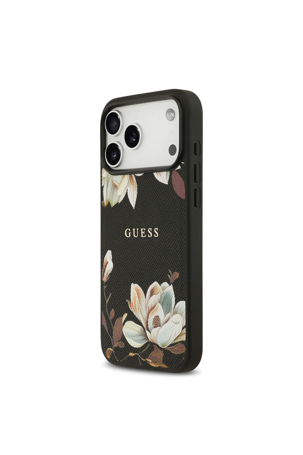 کاور و قاب سازگار IPHONE 17 PRO MAX دارای مجوز M DISTANCE گل دانه طرح فلزی لوگوی متنی مشکی Guess