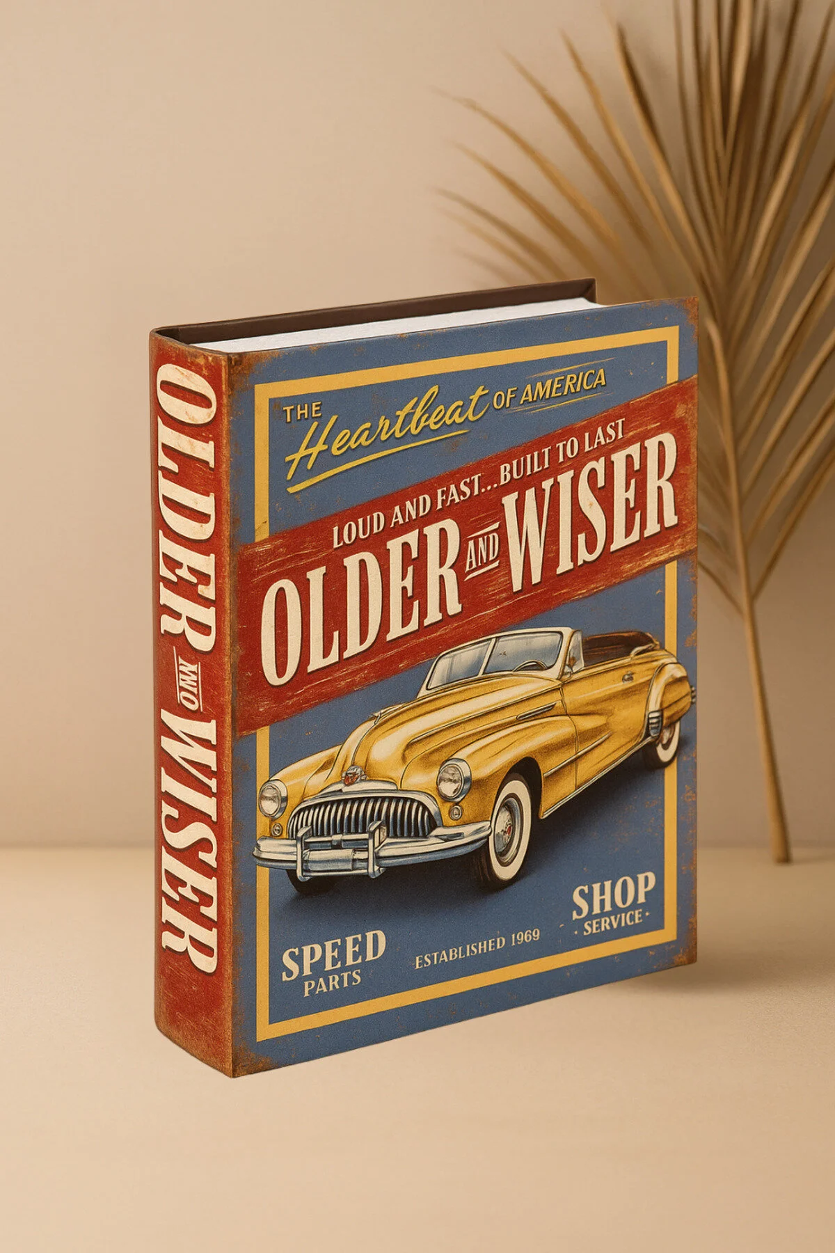 فیگور جعبه کتاب چوبی 1 قطعه گاراژ من دفتر سرگرمی هدیه THE HEARTBEAT OF AMERICA CAR OLD OLDER WISER Giftpoint