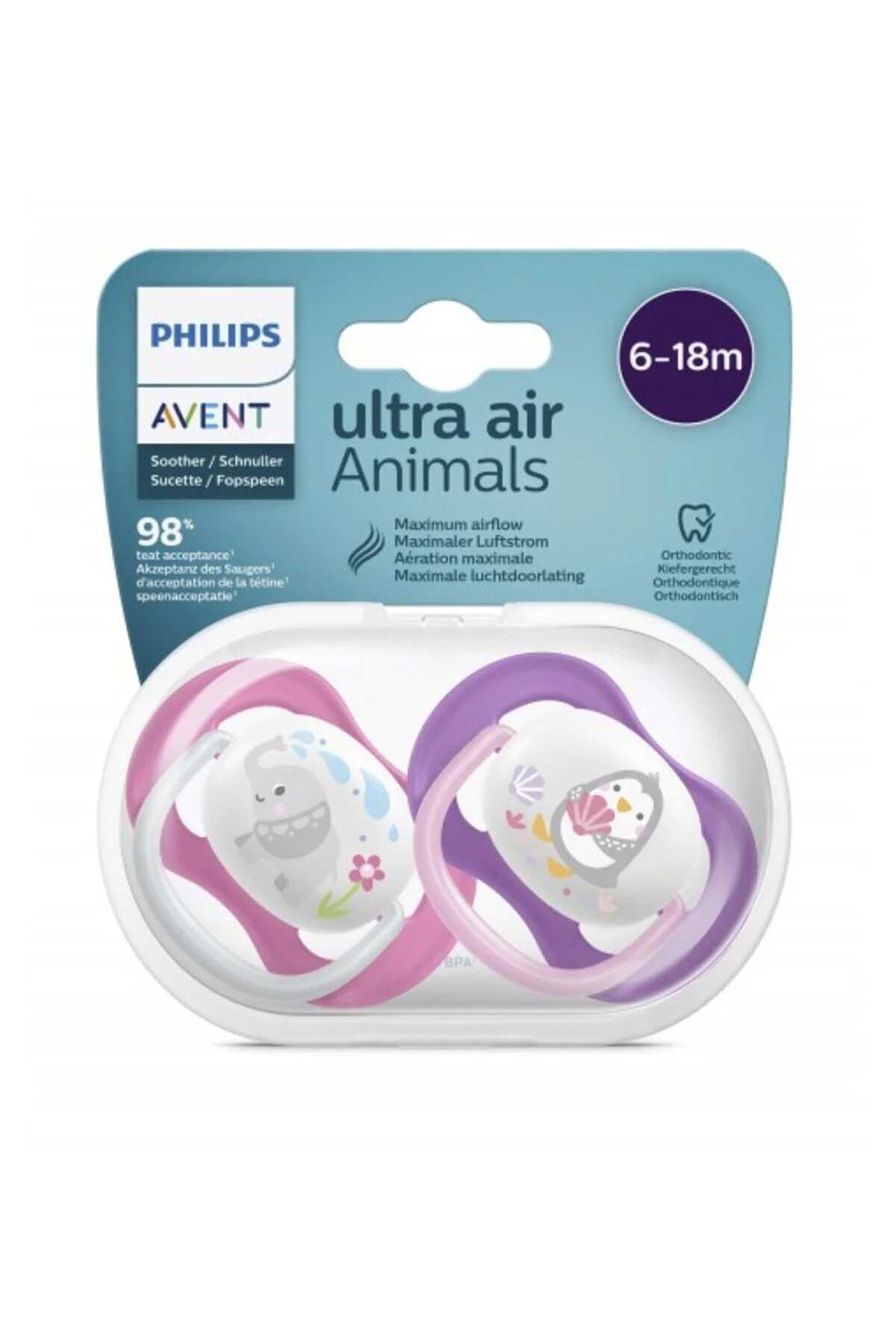 نعناع AVENT ULTRA AIR ANIMALS 2 پستانک الگوی 6 18 ماه دختر فیلیپس Philips