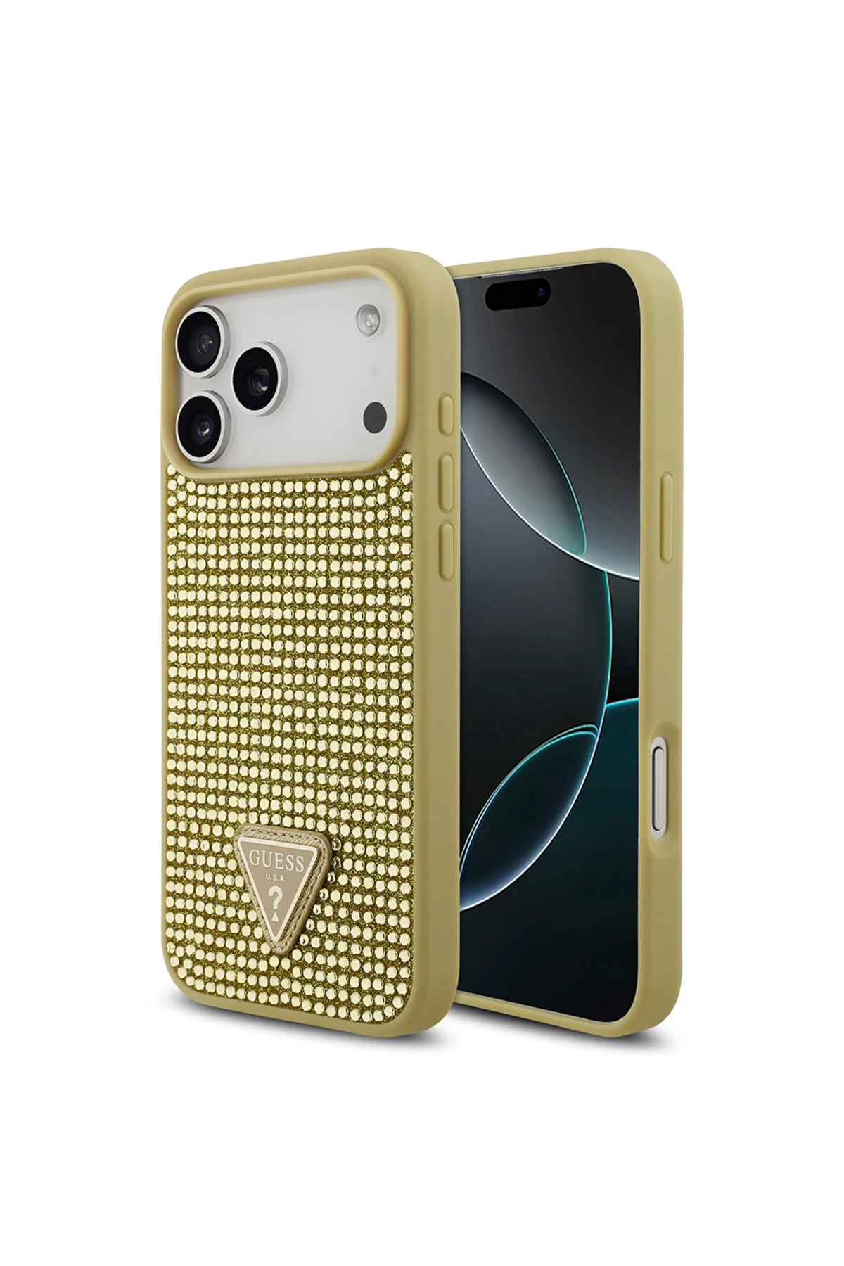 کاور و قاب سازگار با IPHONE 17 PRO MAX طلایی لوگوی سطح پشتی مثلثی لایسنس دار سنگی Guess