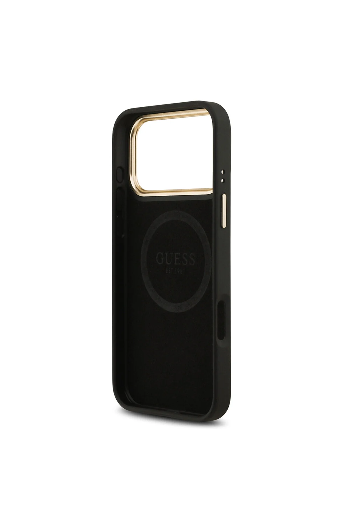 کاور و قاب سازگار آیفون 17 پرو مکس دارای مجوز M SAFE 4G با طرح PU فلزی مشکی لوگوی کلاسیک Guess
