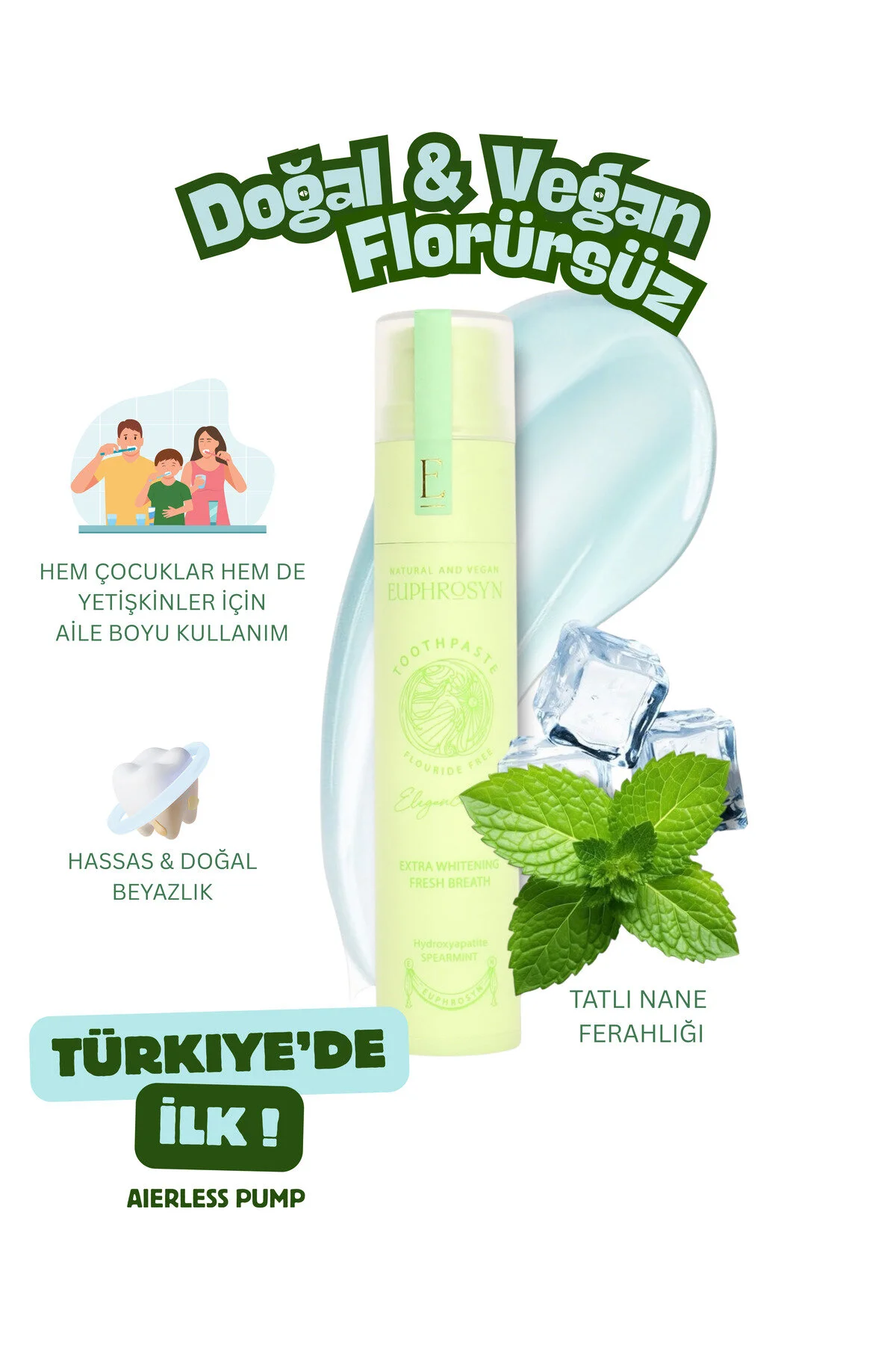 خمیر دندان طبیعی با طعم نعنا و هیدروکسی آپاتیت بدون فلوراید و با طراوتی فوق العاده EUPHROSYN