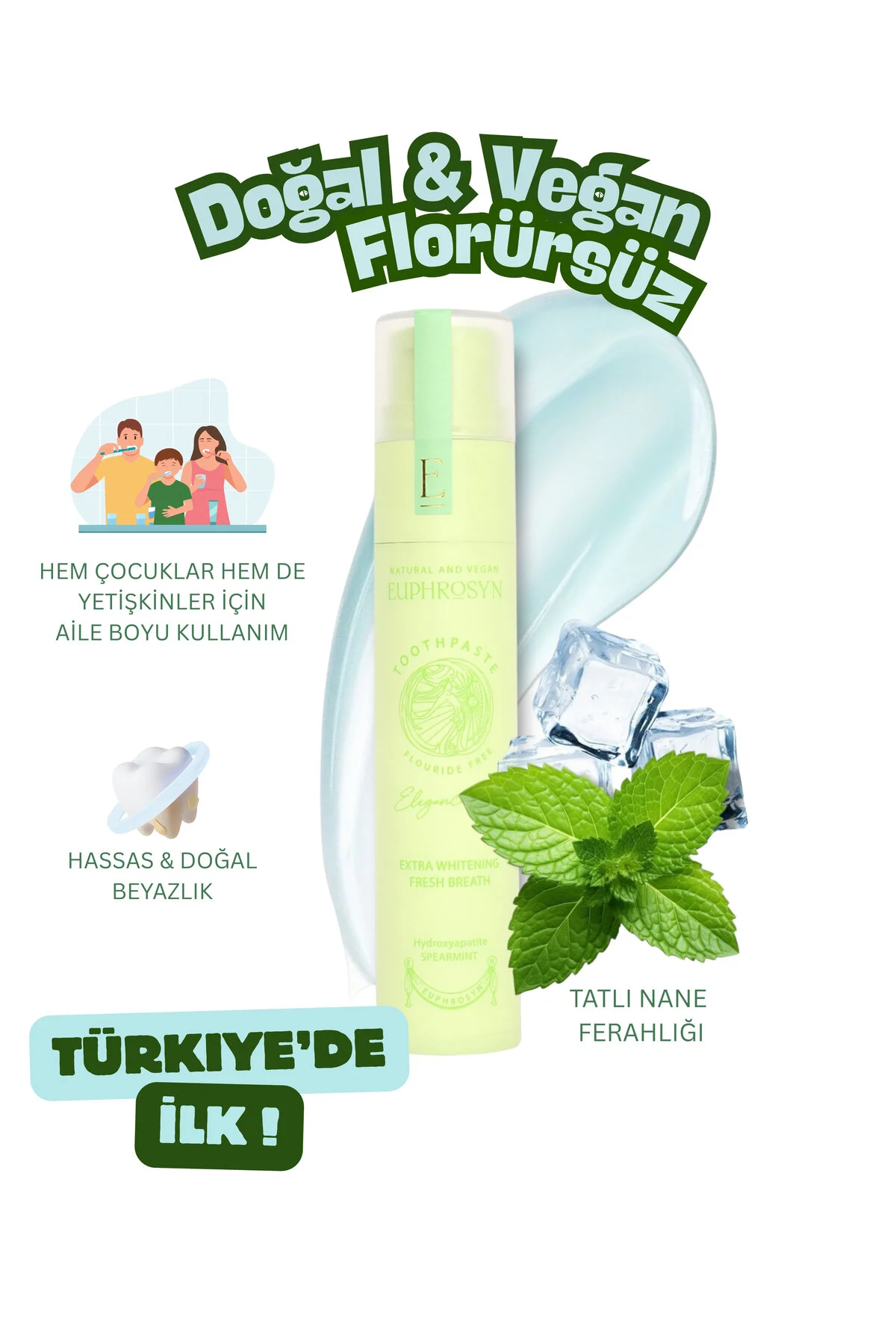 خمیر دندان طبیعی با طعم نعنا و هیدروکسی آپاتیت بدون فلوراید و با طراوتی فوق العاده EUPHROSYN
