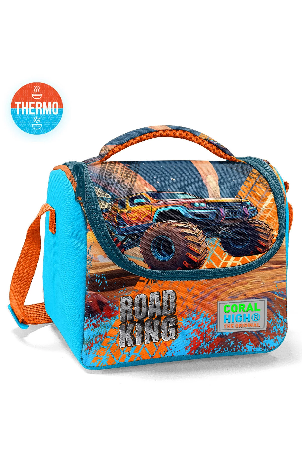 کیف ناهار جعبه ترمو طرح دار کامیون با چرخ های آبی نارنجی بچه گانه 11794 Coral High