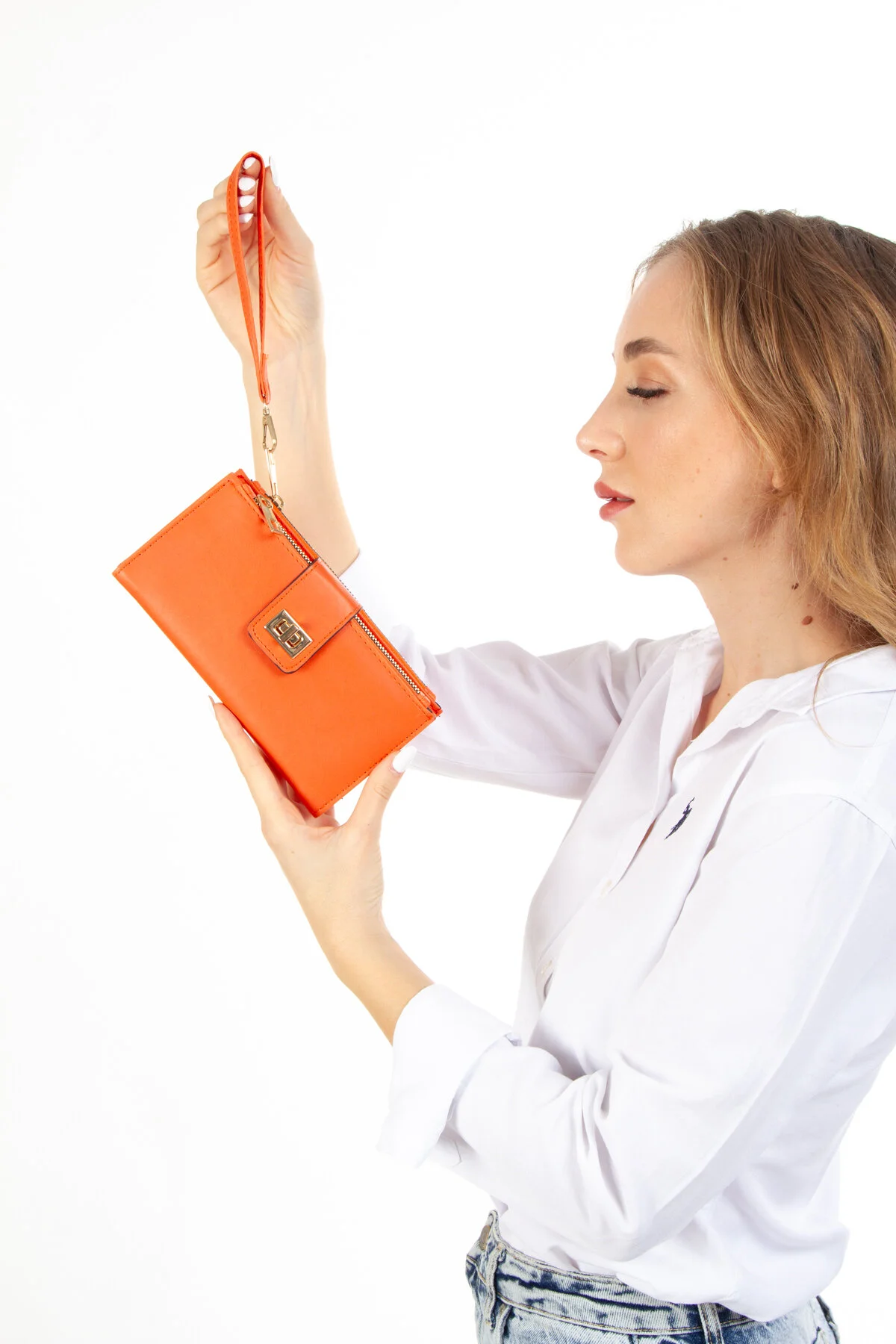 کیف پول بسته 2 عددی زنانه نارنجی و سبز با بند مچ دست محفظه جا سکه کارت Adelina Bags