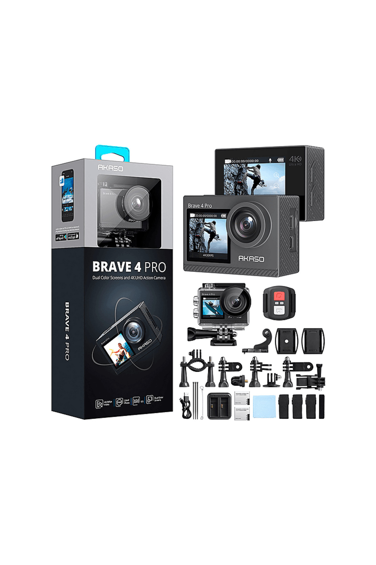 دوربین اکشن BRAVE 4 PRO 4K 30FPS 20MP قاب ضدآب WI FI دو صفحه‌نمایش و مجموعه لوازم جانبی AKASO - AKASO - دوربین اکشن
