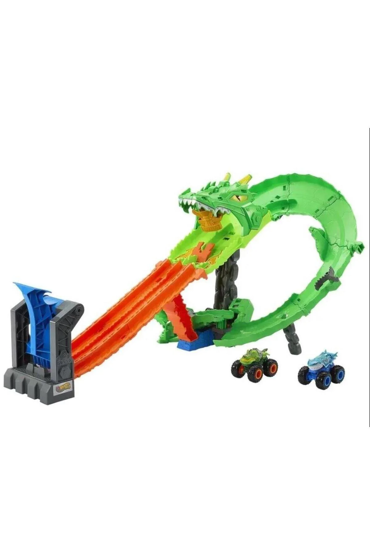 ست بازی MONSTER TRUCKS SHARKS VS DINOS DRAGON DEMOLITION TRACK SET JFR06 از ترکیه HOT WHEELS