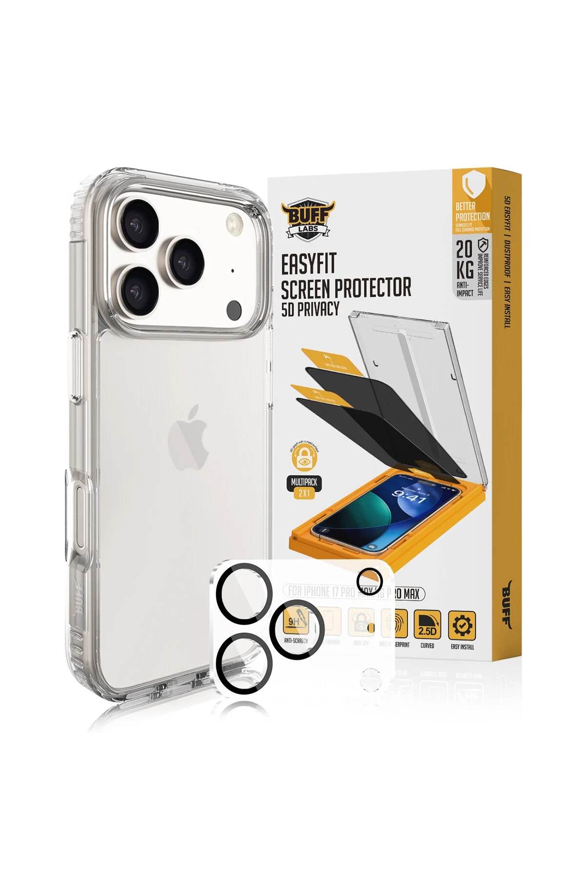 کاور و قاب بسته مزیت BUFF IPHONE 17 PRO MAX شفاف + محافظ صفحه حریم خصوصی لنز Buff Labs