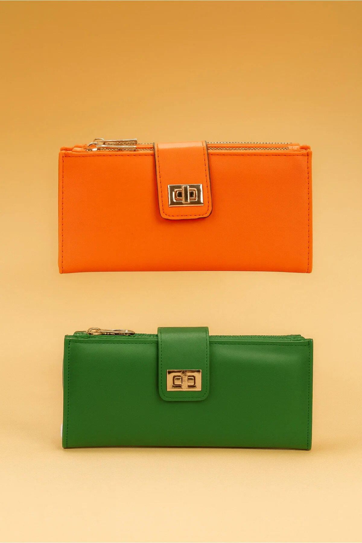 کیف پول بسته 2 عددی زنانه نارنجی و سبز با بند مچ دست محفظه جا سکه کارت Adelina Bags