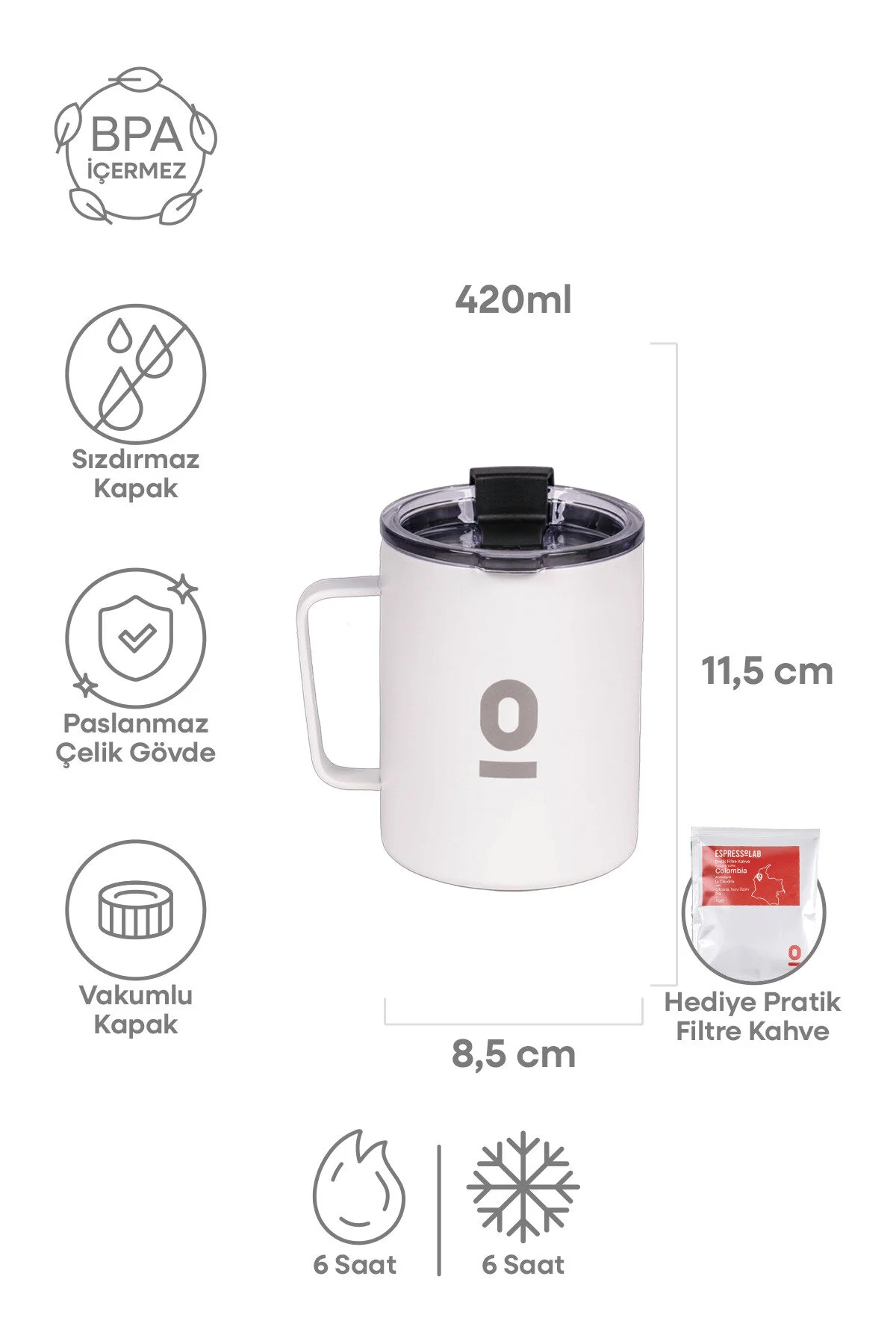 فلاسک لیوان فلزی سفید استیل 420 میلی لیتری وکیوم با درب عایق حرارتی شماره 90 اورجینال Espressolab