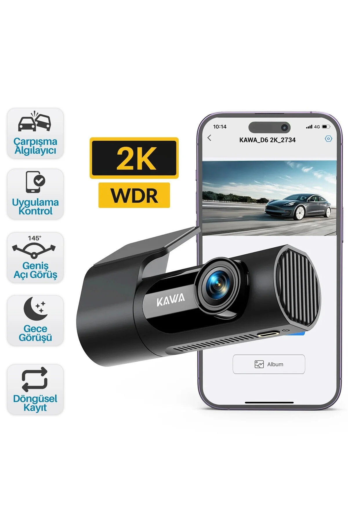 دوربین داشبورد D6 2K 1440P وای فای خودرو جلو WDR با زاویه دید عریض 145 درجه Kawa