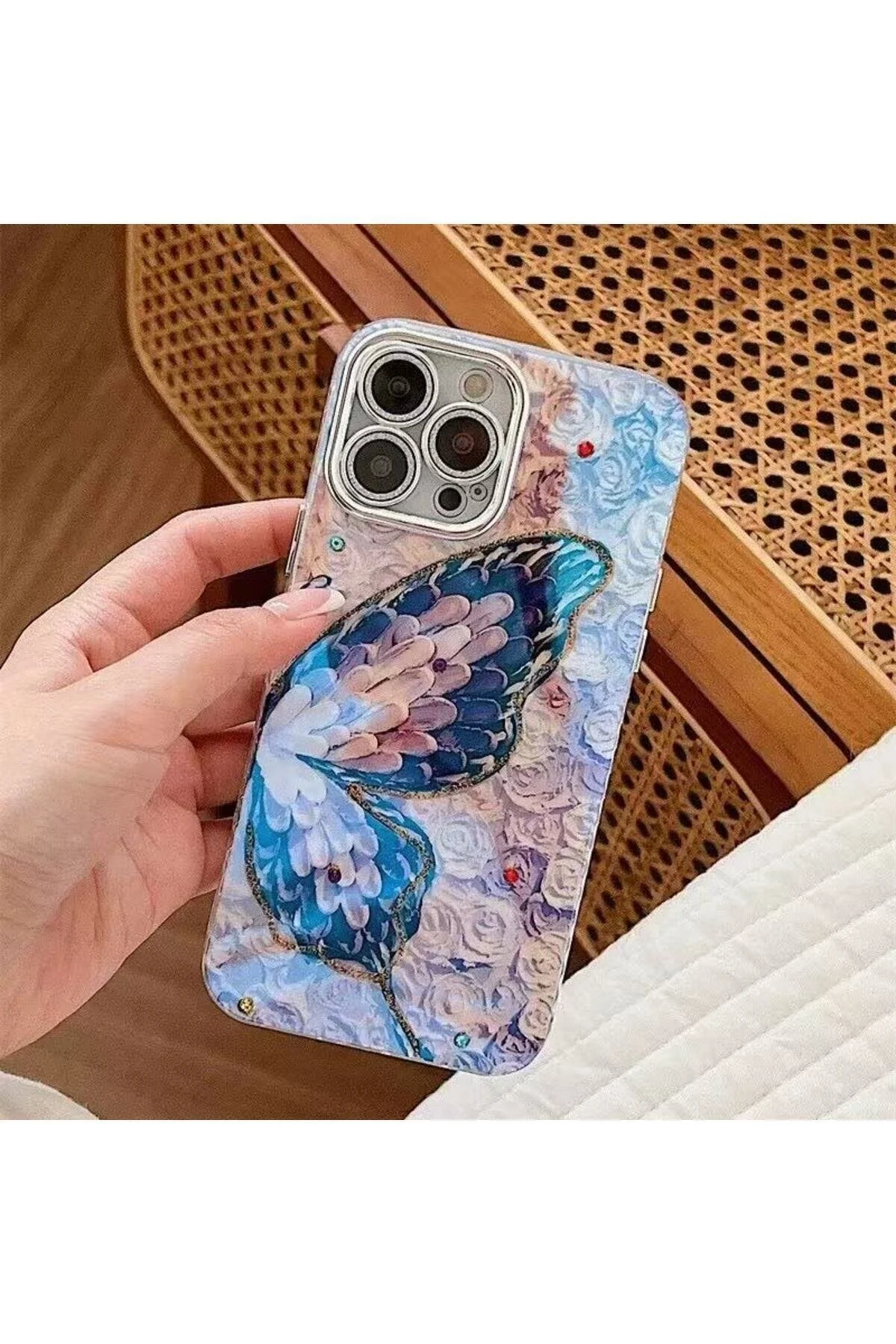 کاور و قاب محافظ لنز دوربین آیفون 13 با طرح رنگ پروانه ای نقره ضربه گیر Fibaks