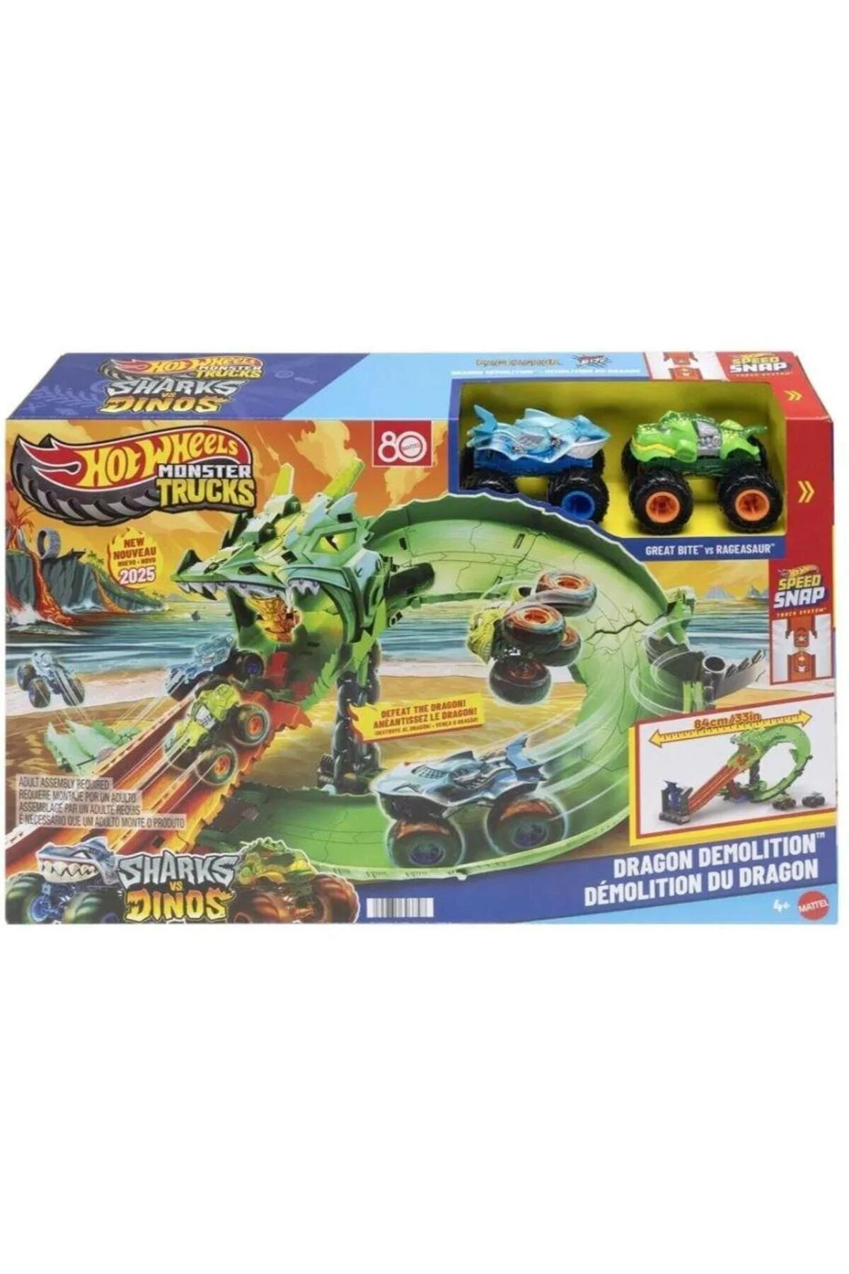 ست بازی MONSTER TRUCKS SHARKS VS DINOS DRAGON DEMOLITION TRACK SET JFR06 از ترکیه HOT WHEELS