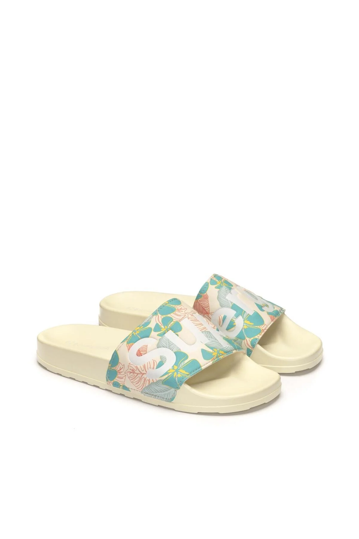کفش مردانه زنانه یونیسکس 1908 اسلایدها HIBISCUS PRINT POLYSOFT UNISEX BEIGE TURQUOISE سوپرگا Superga