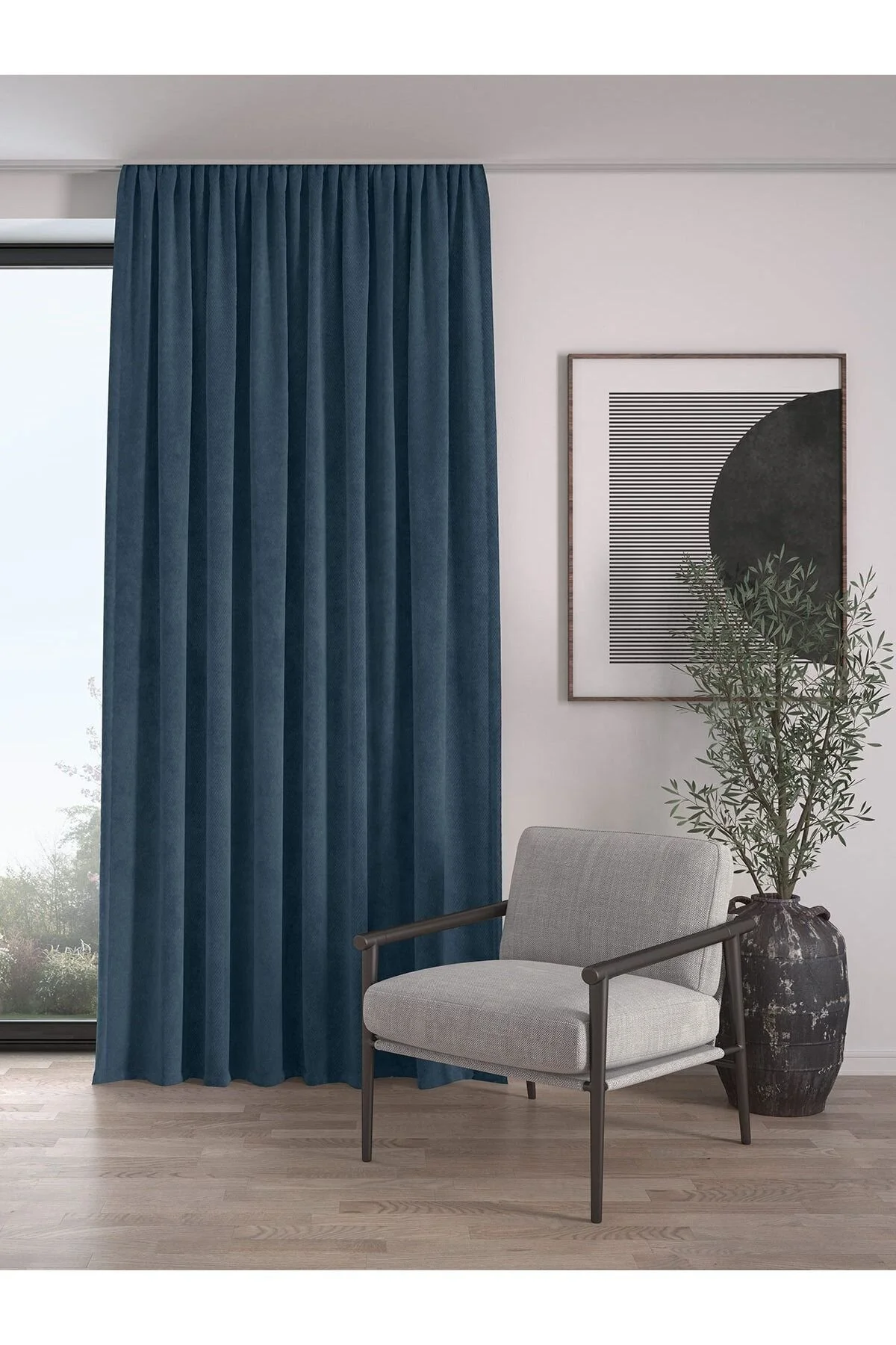 پرده ضخیم (فون) آبی مخملی Extraffor Shirred Pigeon Blue Curtain  Demor Home