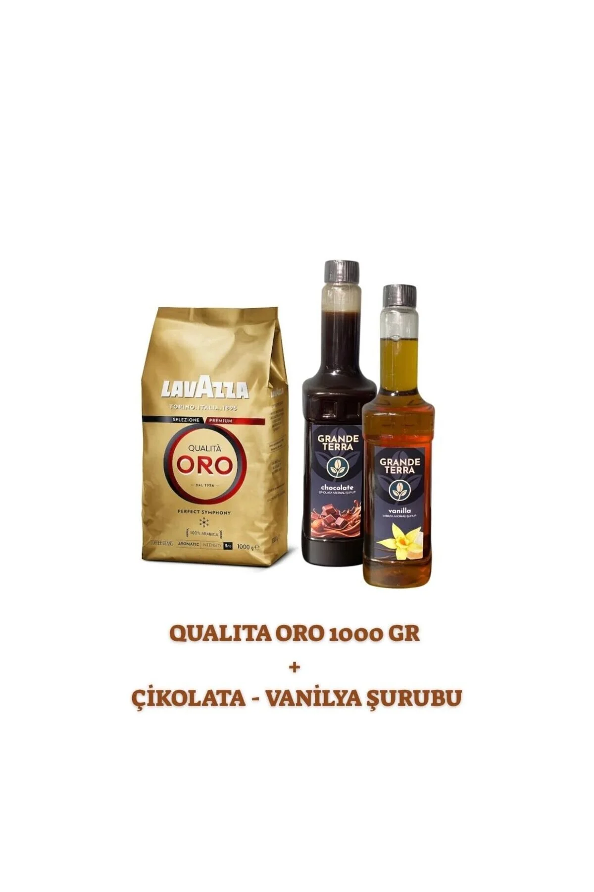 قهوه فیلتر و دانه کامل ست کوالیتا اورو شربت شکلاتی وانیلی گراند ترا 2×750 میلی لیتر لاواتزا LavAzza