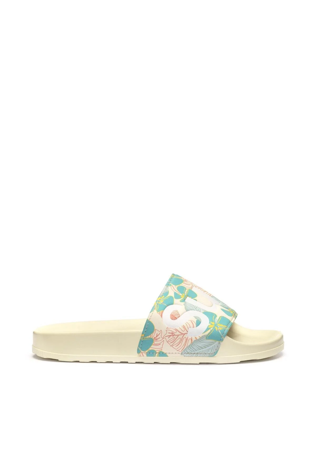 کفش مردانه زنانه یونیسکس 1908 اسلایدها HIBISCUS PRINT POLYSOFT UNISEX BEIGE TURQUOISE سوپرگا Superga