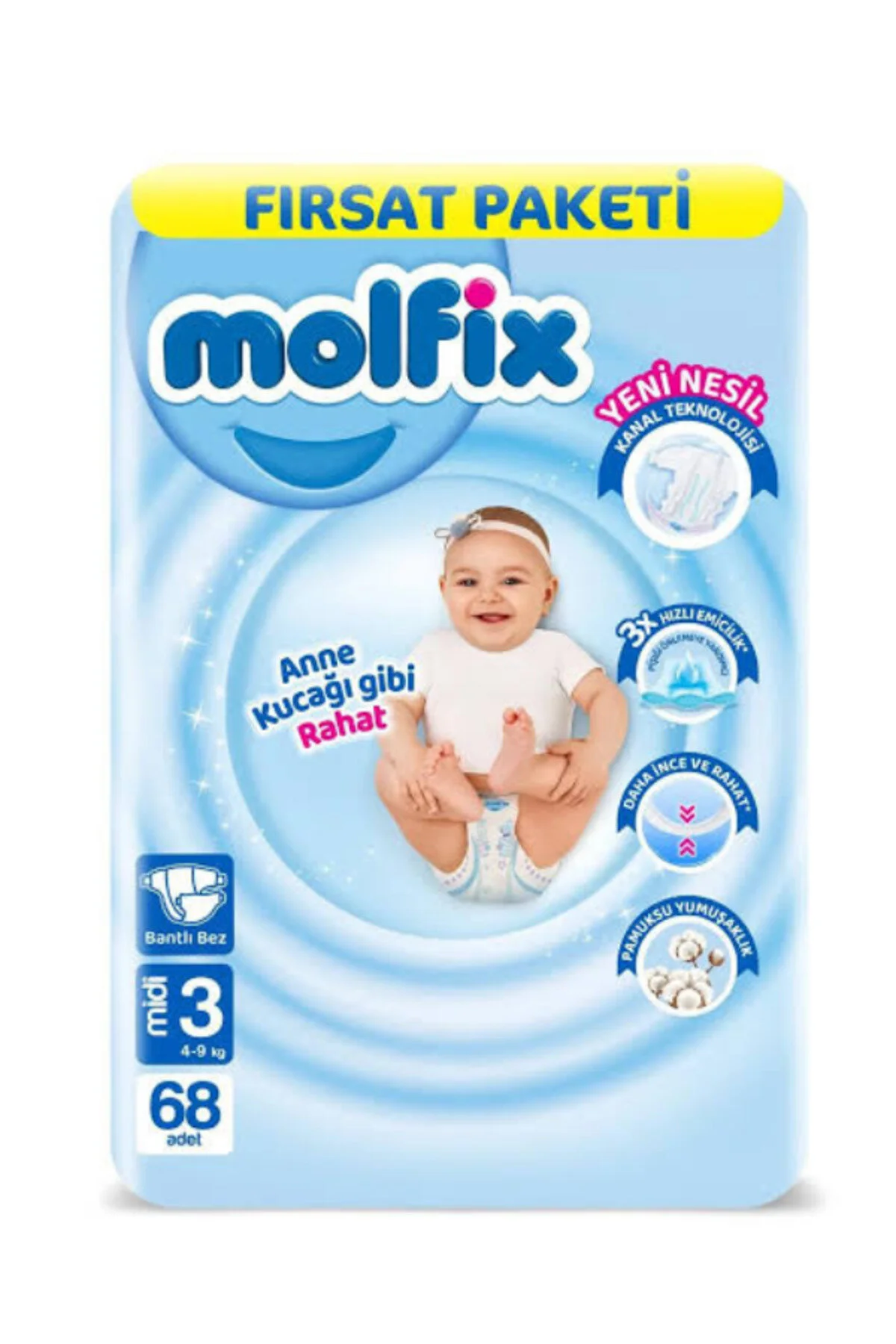 پوشک بچه بسته فرصت سایز متوسط ​​3 4 9 کیلویی 68 پارچه نواری اورجینال Molfix