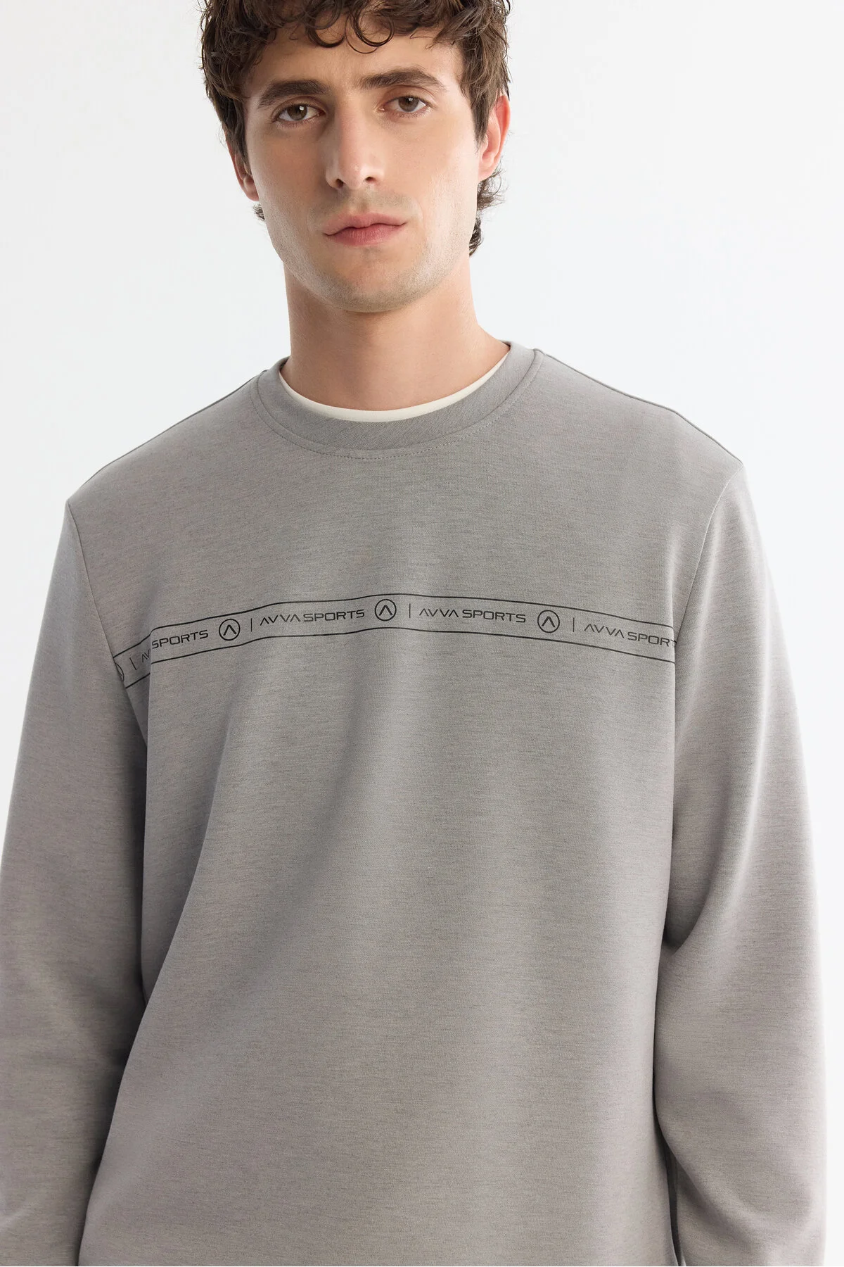سویشرت خاکستری مردانه یقه دوچرخه طرح دار Elastan Sweatshirt آوا Avva