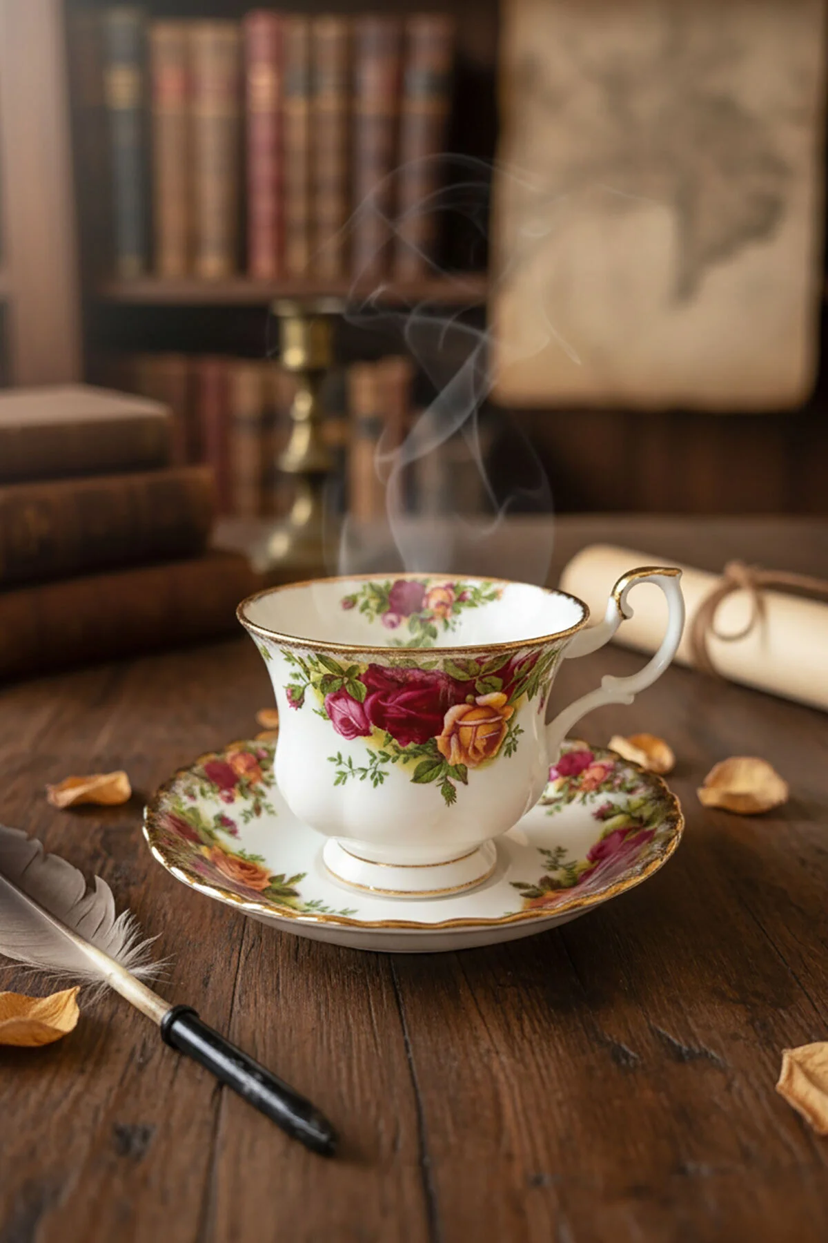 فنجان قهوه گل سرخ کشور قدیمی انگلستان استخوانی عتیقه چین دو برابر و بشقاب Royal Albert
