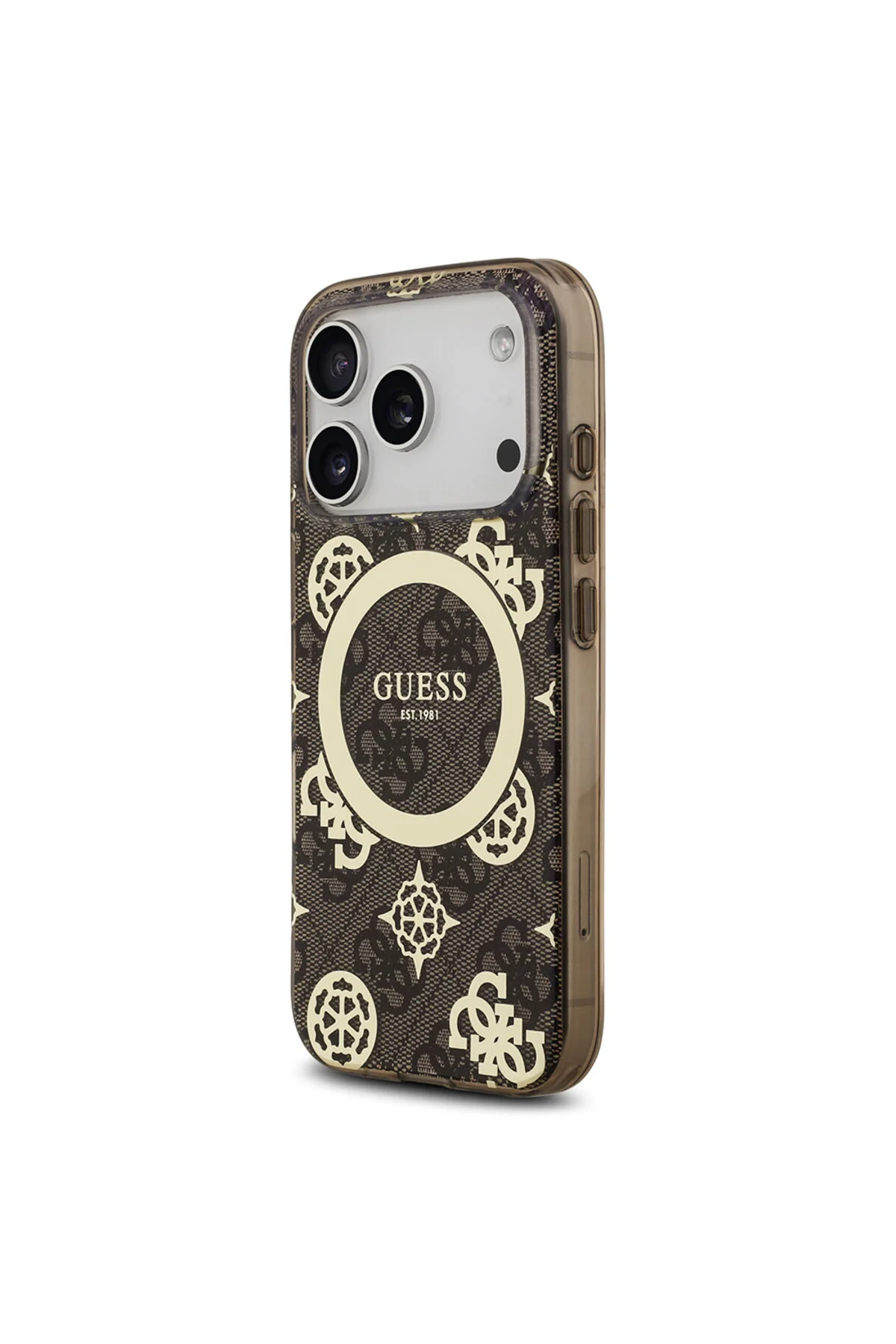 کاور و قاب IPHONE 17 PRO MAX CASE دارای مجوز M SAFE IML گل صد تومانی قهوه ای طرح دار 4G با لوگوی کلاسیک Guess