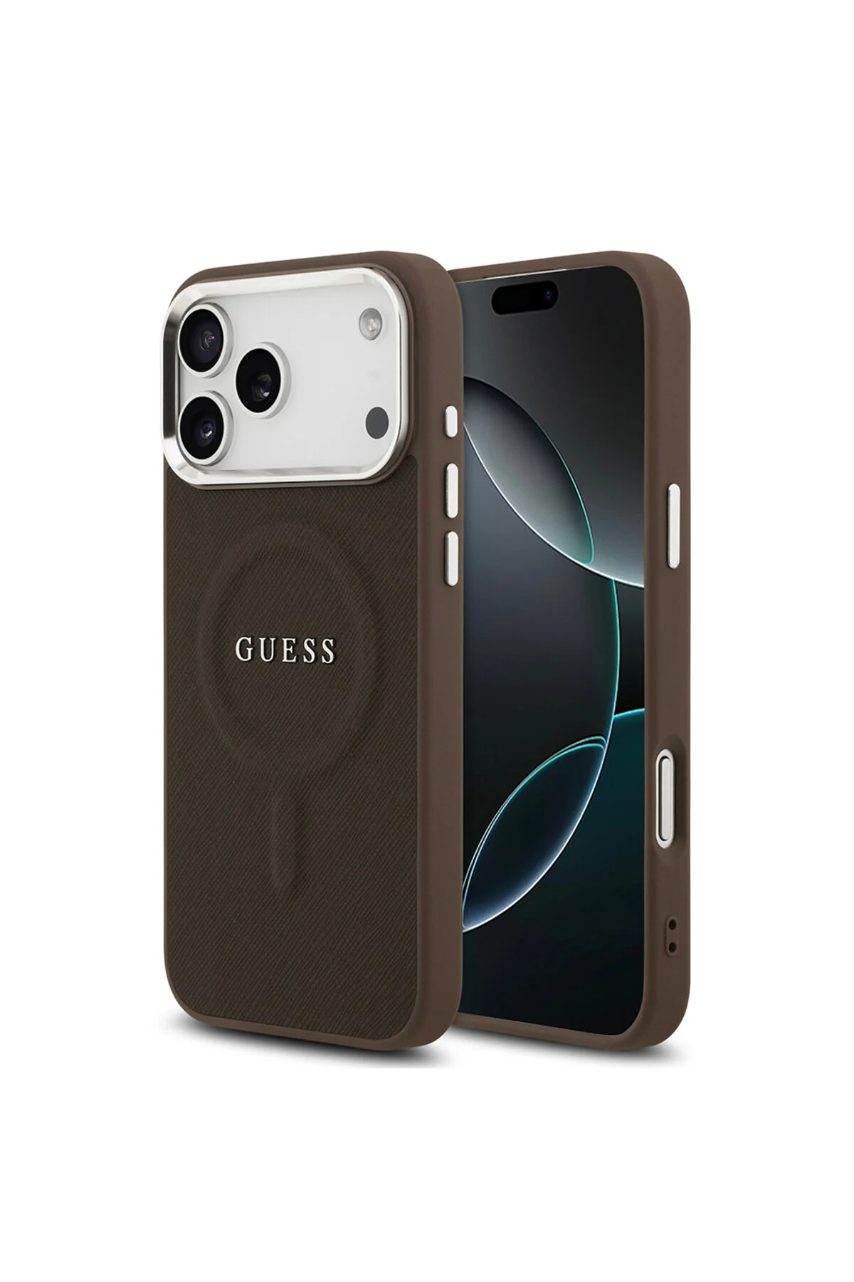 کاور و قاب سازگار با IPHONE 17 PRO MAX دارای مجوز M SAFE چرمی کلاسیک PU لوگو قهوه ای Guess