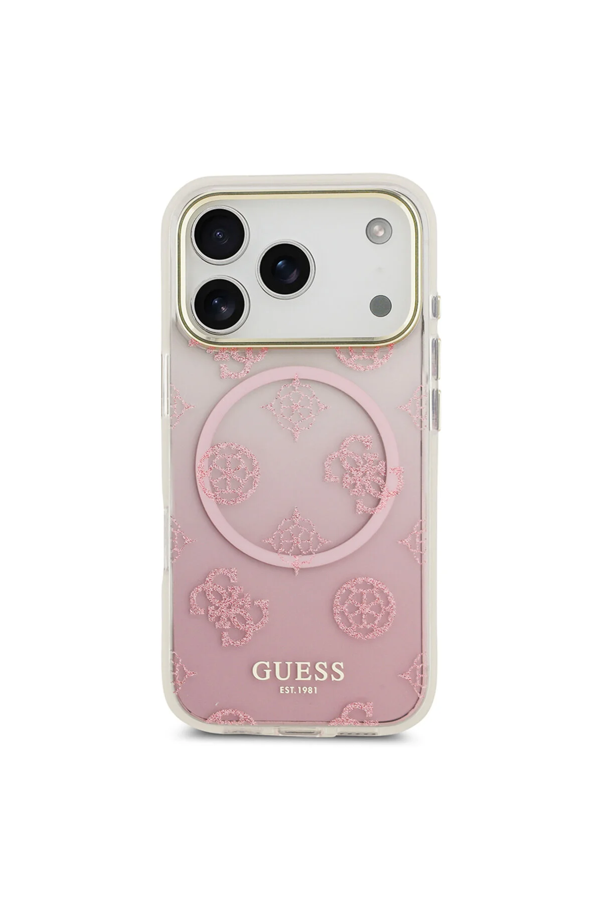 کاور و قاب سازگار با IPHONE 17 PRO MAX دارای مجوز M SAFE سیلیکونی طرح دار گل صد تومانی صورتی Guess