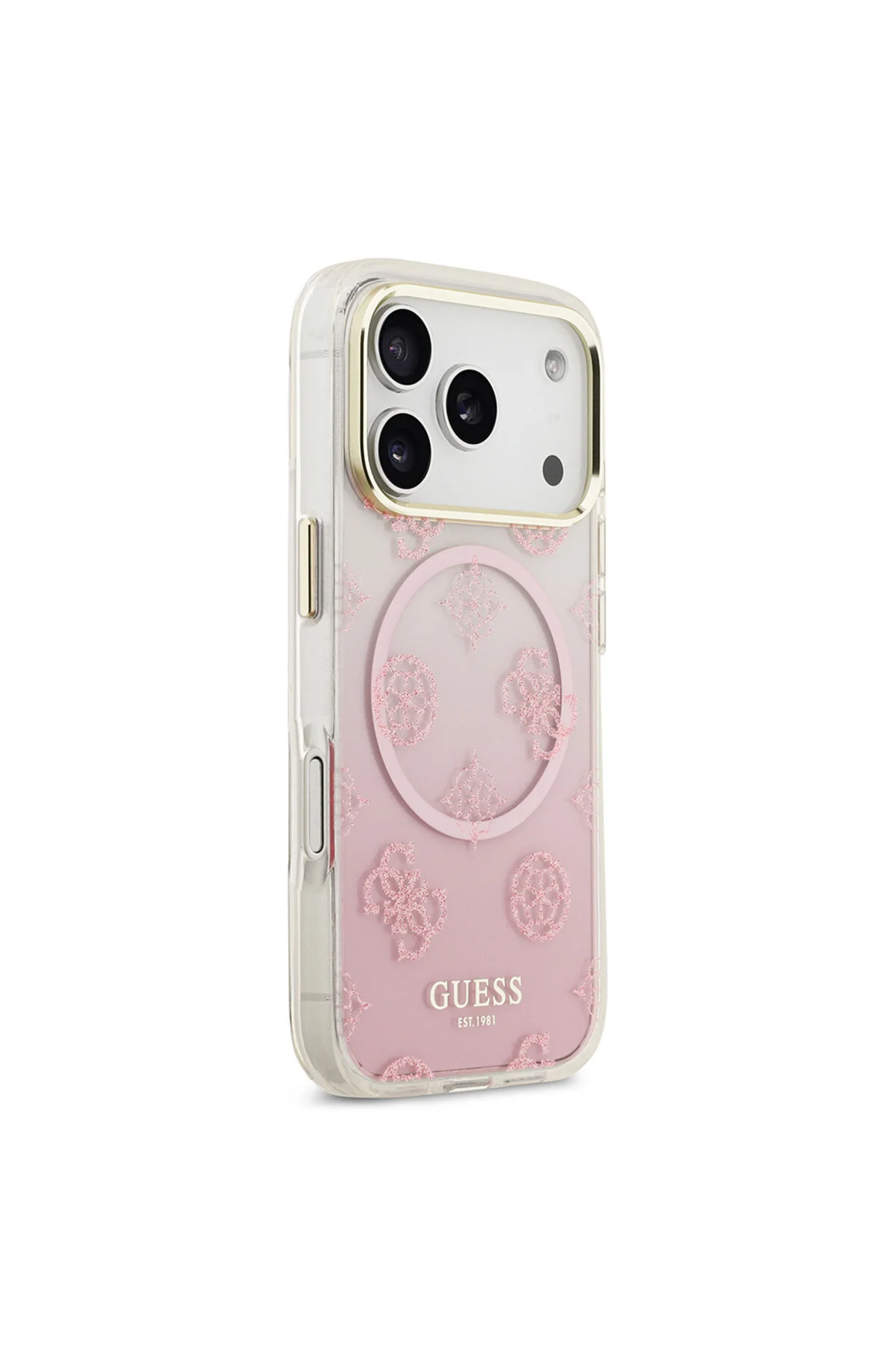 کاور و قاب سازگار با IPHONE 17 PRO MAX دارای مجوز M SAFE سیلیکونی طرح دار گل صد تومانی صورتی Guess